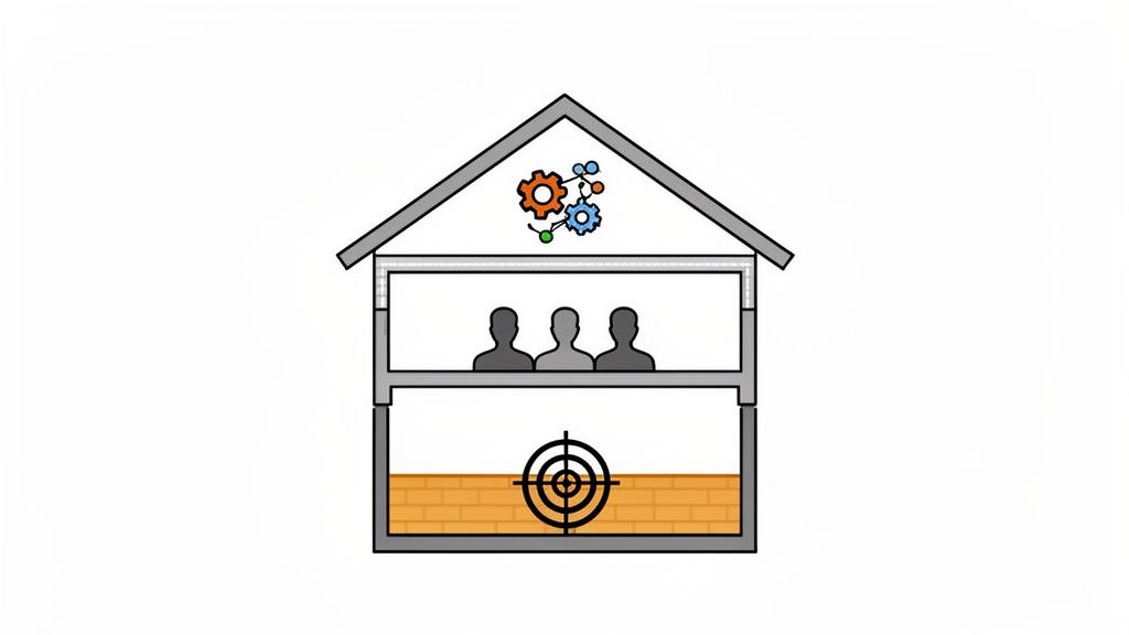 A house diagram with gears, people, and a target representing business layers or a strategic framework.