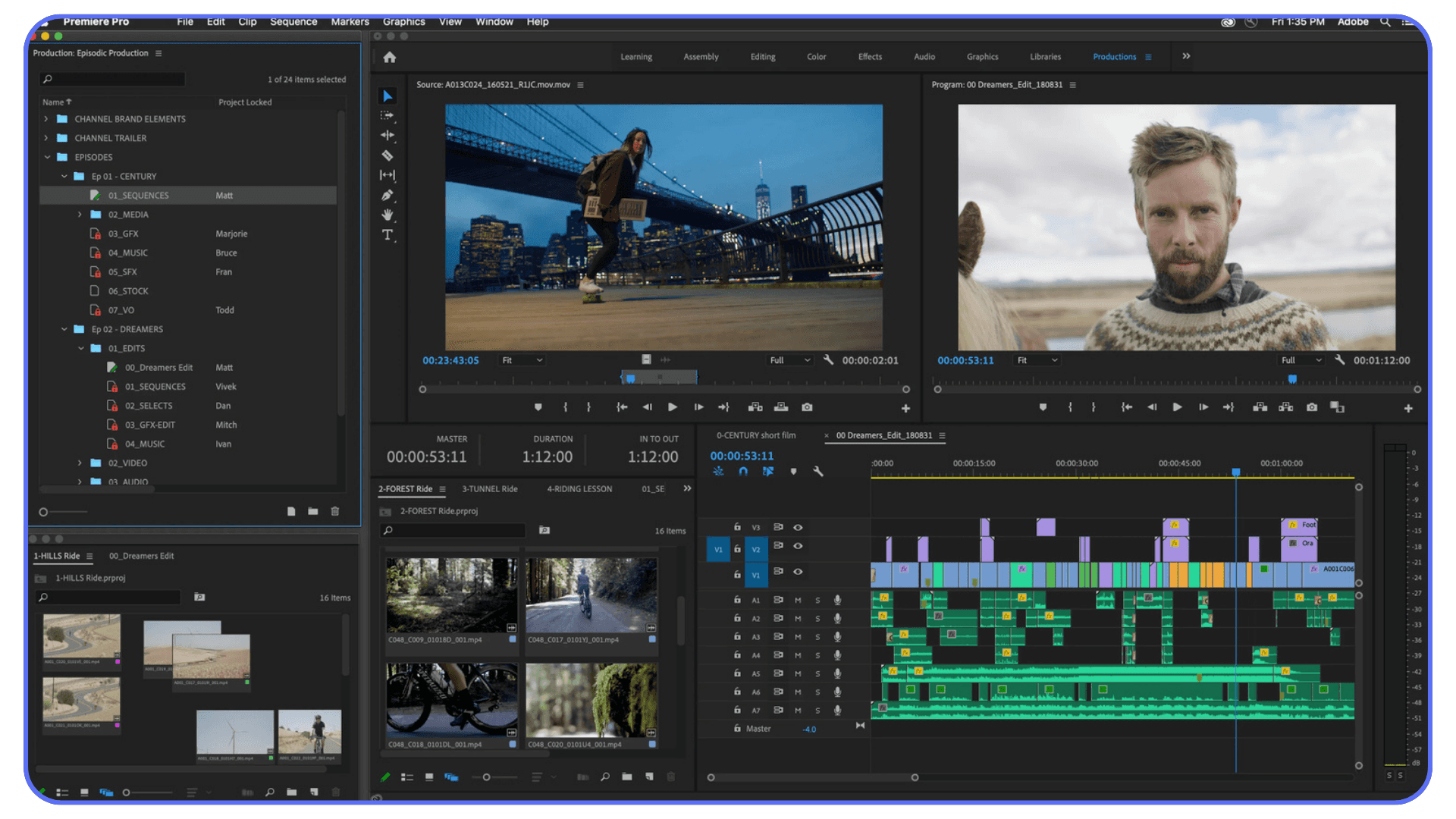 Adobe Premiere Pro workspace with multiple video previews, project bins, and a complex multi-layer timeline for a documentary-style edit.