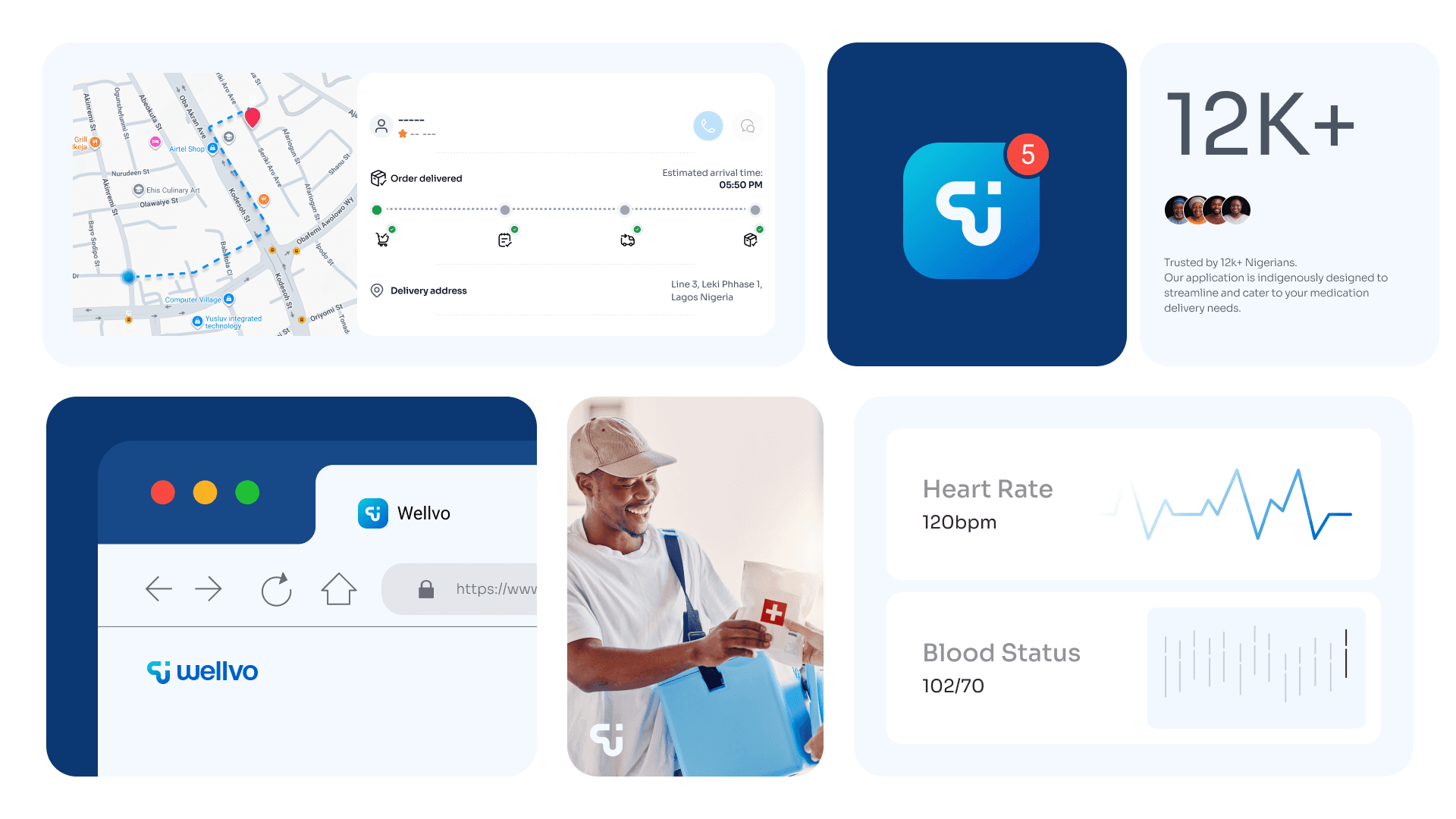 A collage of branding and app interface elements