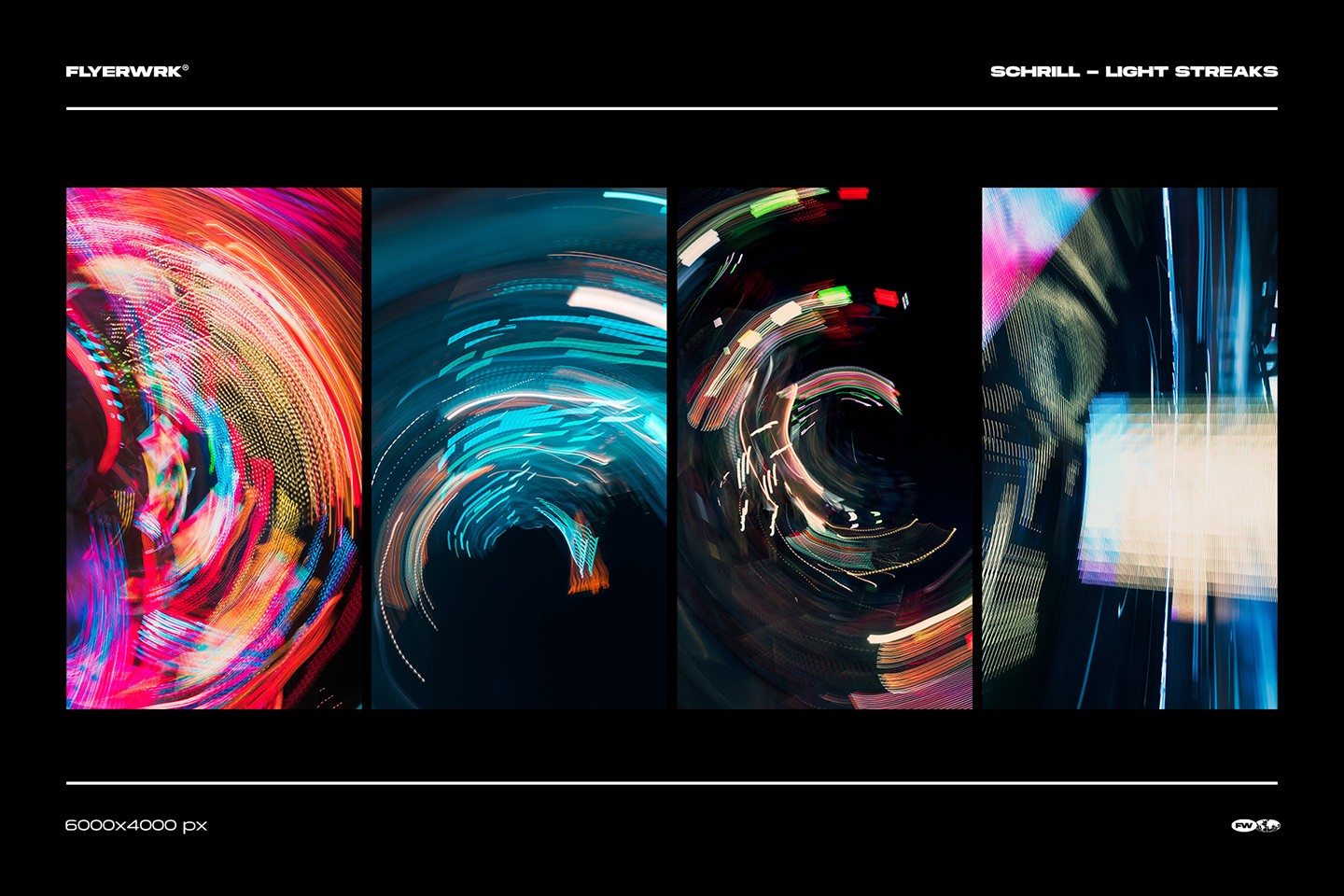 Selection of four colorful Schrill light streak backgrounds featuring high-resolution neon light trails in red, blue, and gold tones.