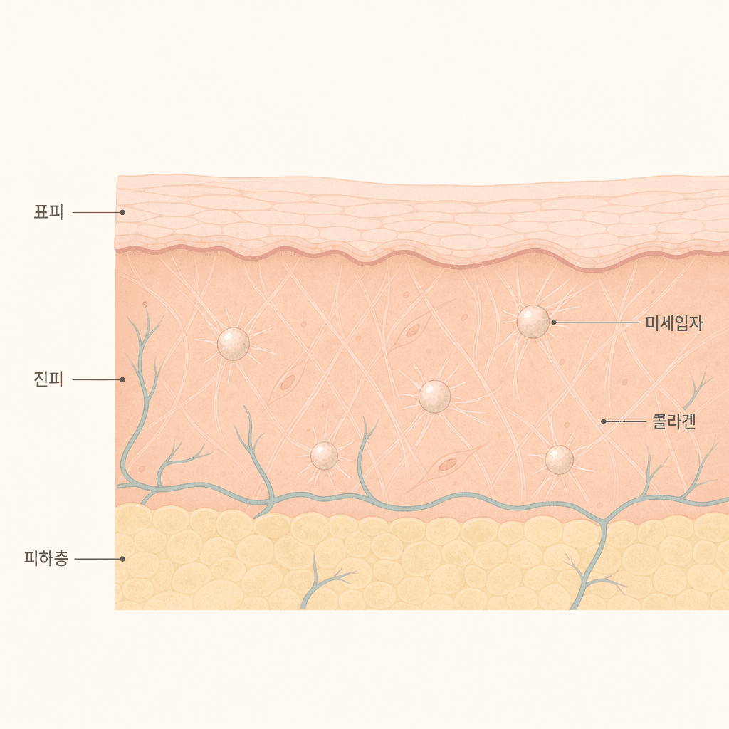 진피에서 미세입자 주변으로 콜라겐이 차오르는 모습