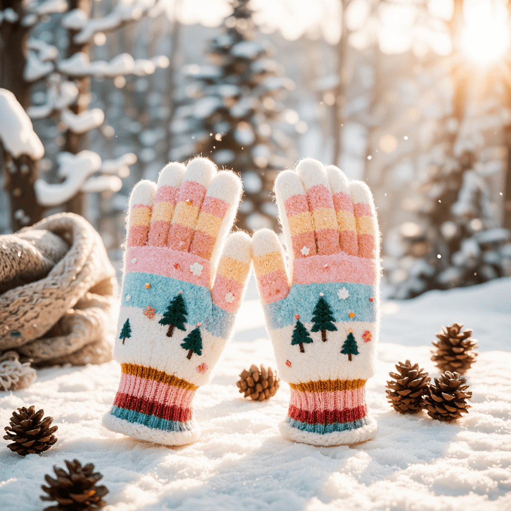 product photography of a set of colorful winter gloves