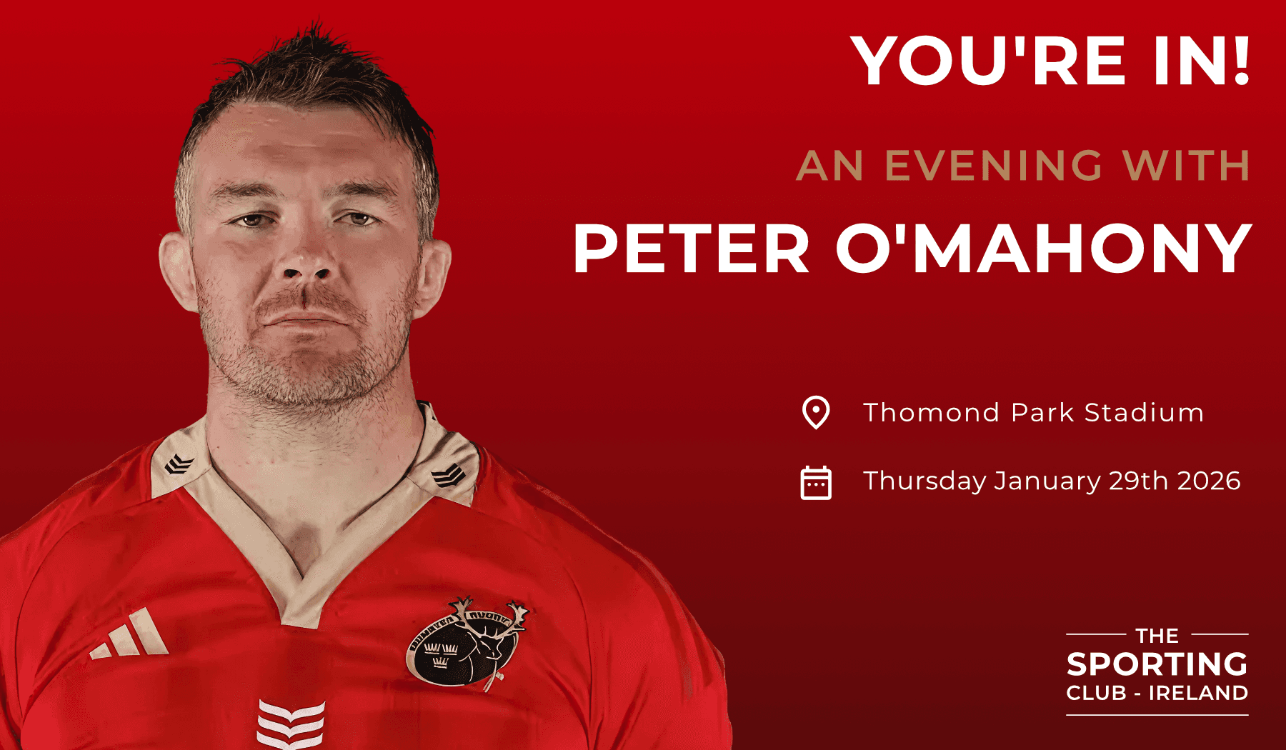 Email image for Peter O'Mahony event in Thomond Park Stadium