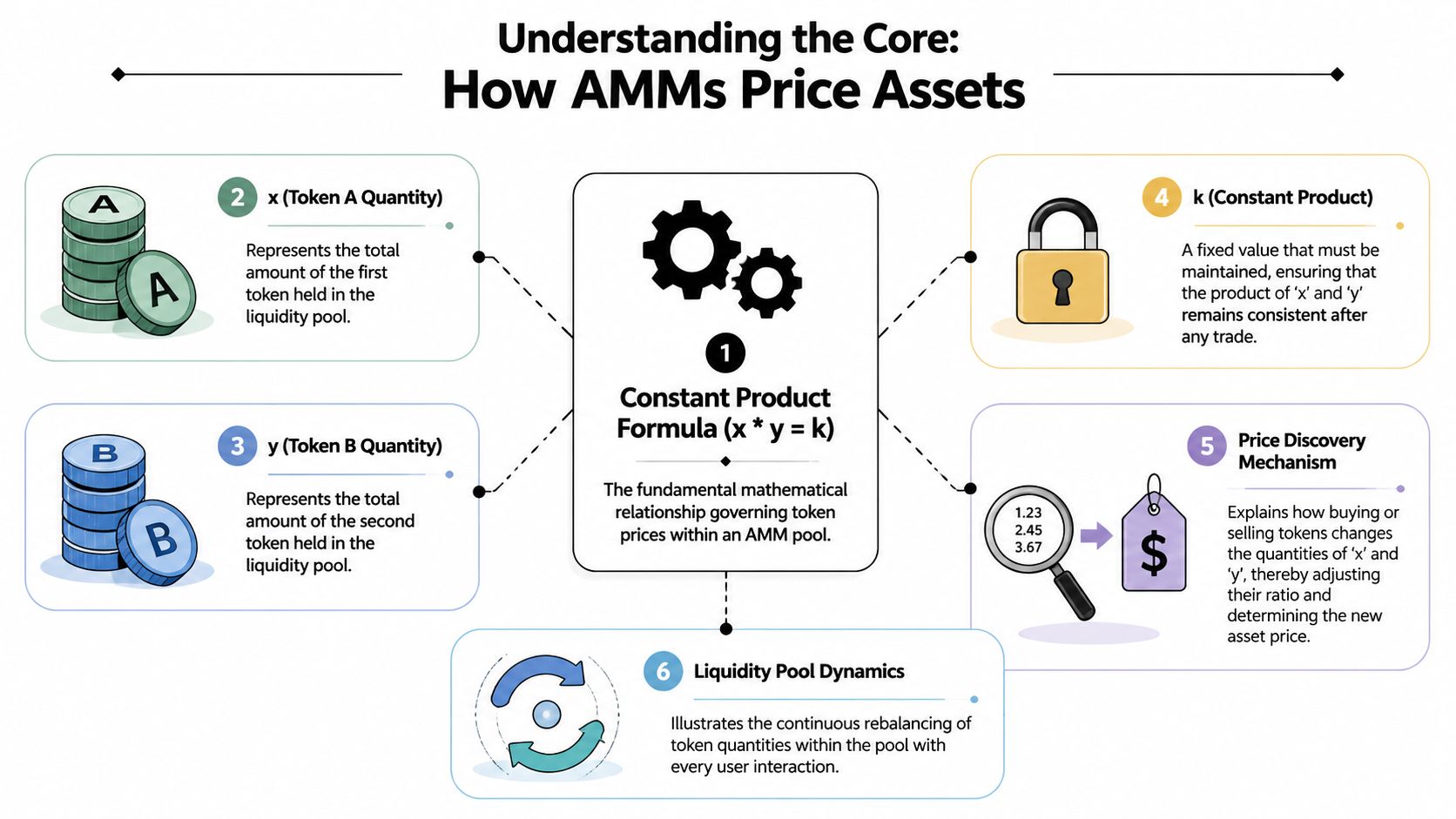 An infographic explaining the Constant Product Formula x*y=k used by Automated Market Makers to price assets.