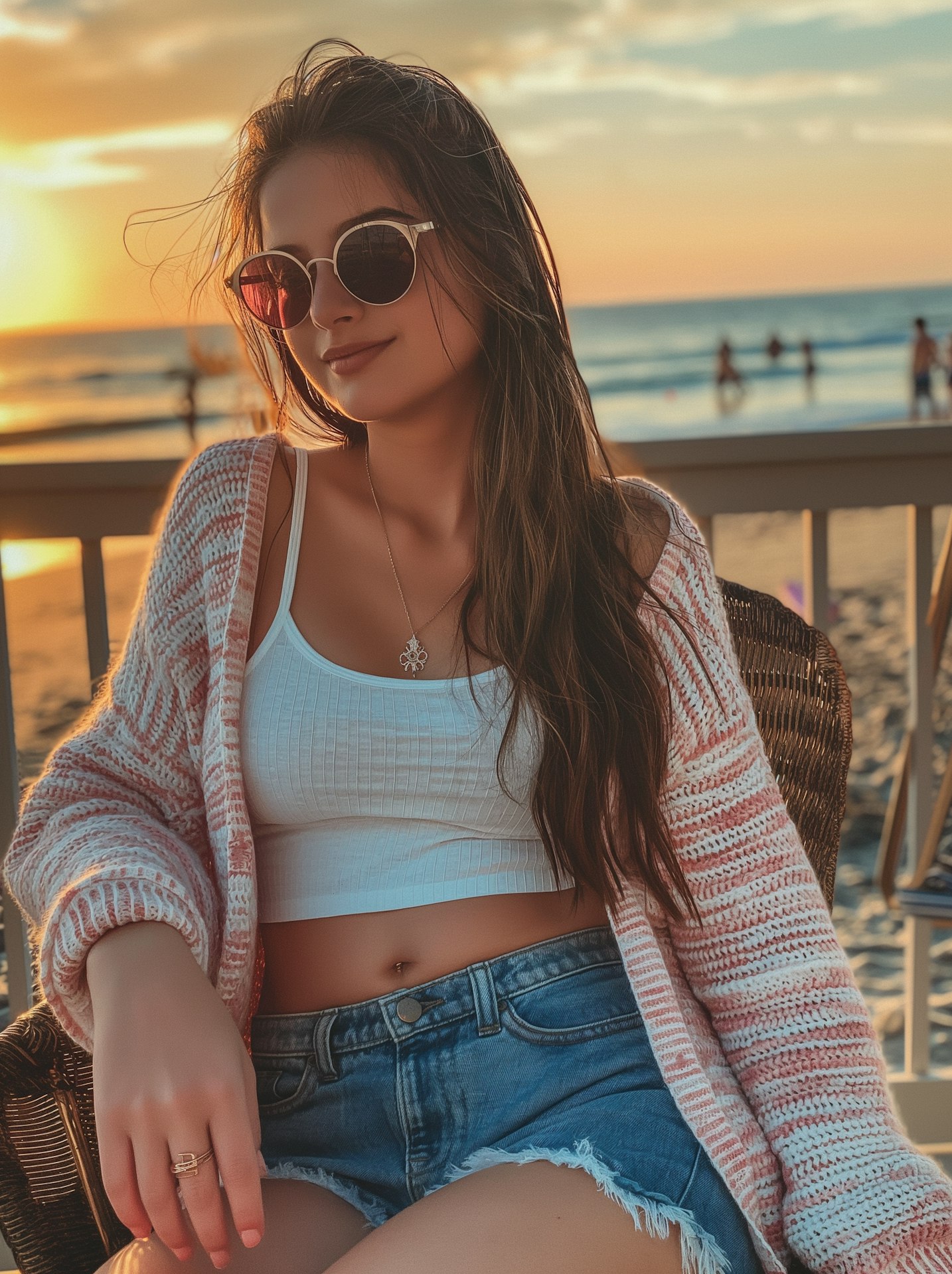 A woman wearing sunglasses relaxes on a chair at the beach, enjoying the sun and the serene ocean view