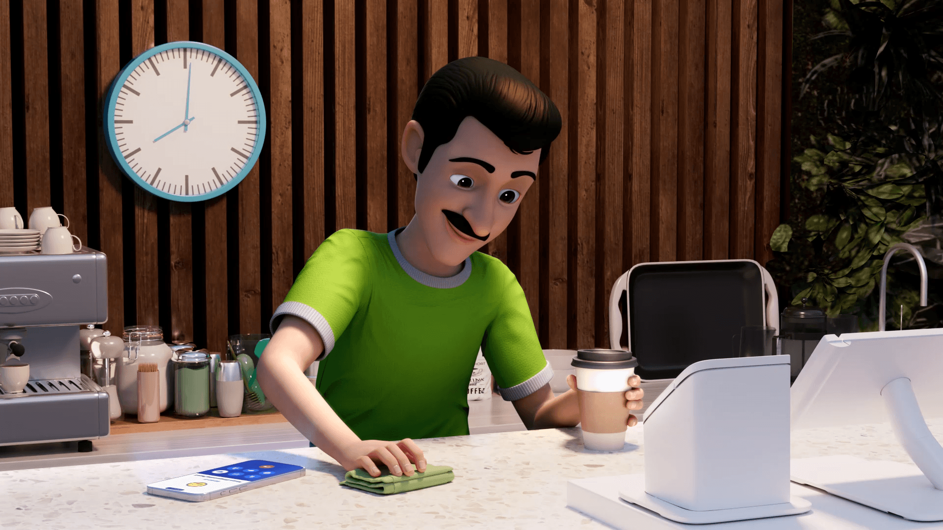 3D barista in a green shirt wipes the counter while holding a coffee cup in a café.