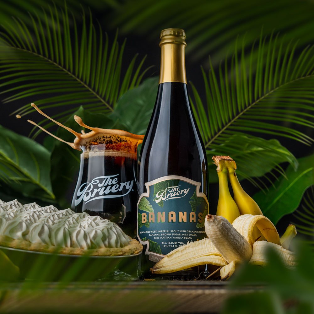 The Bruery beer bottle with banana and leaves