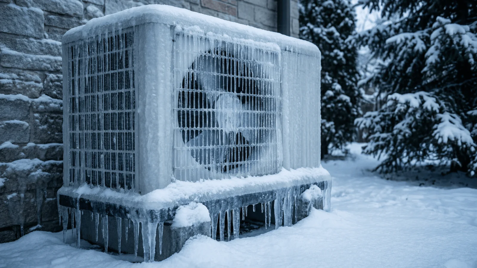 Air source heat pump outdoor unit covered in frost during UK winter showing ice build-up on coil that triggers defrost cycle