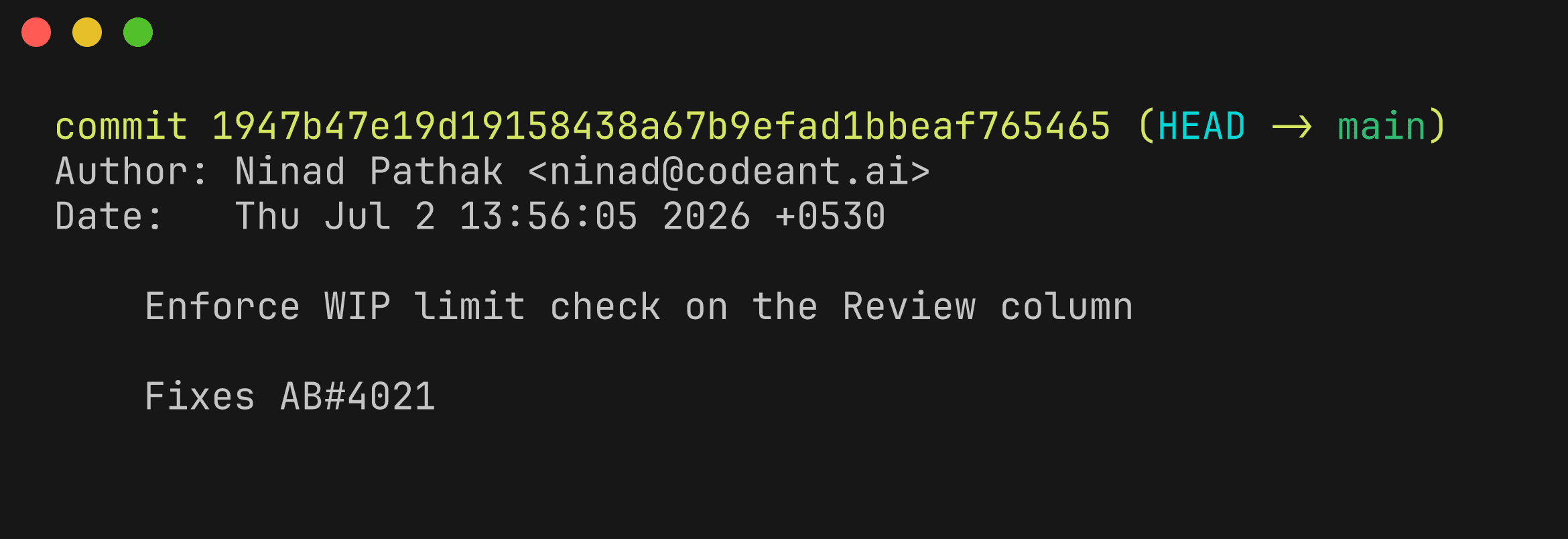 Real git log output showing a commit message with Fixes AB#4021 for Azure Boards linking