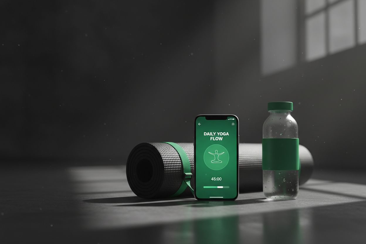 Un teléfono con una aplicación de entrenamiento junto a una esterilla y una botella de agua
