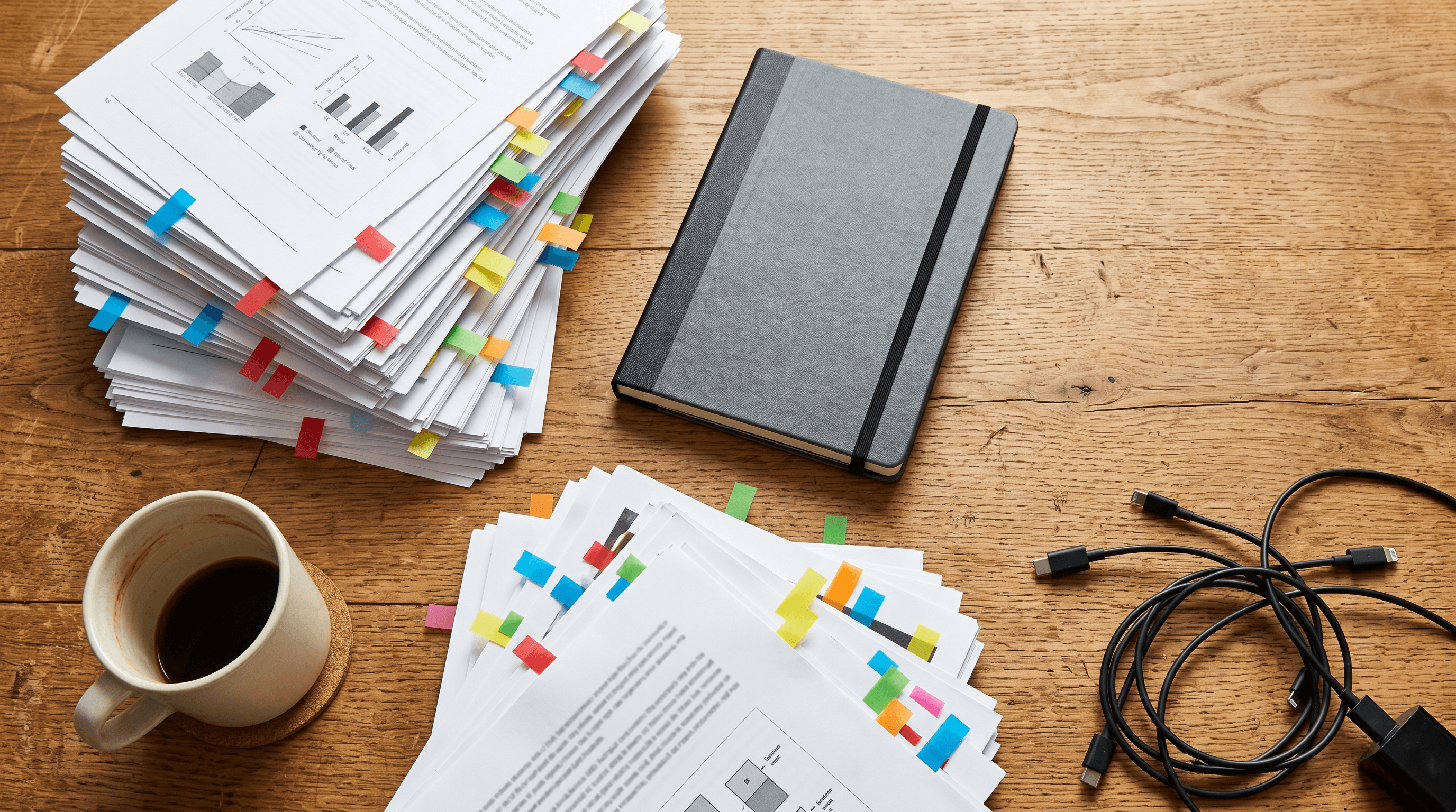 Desk with split paper stacks