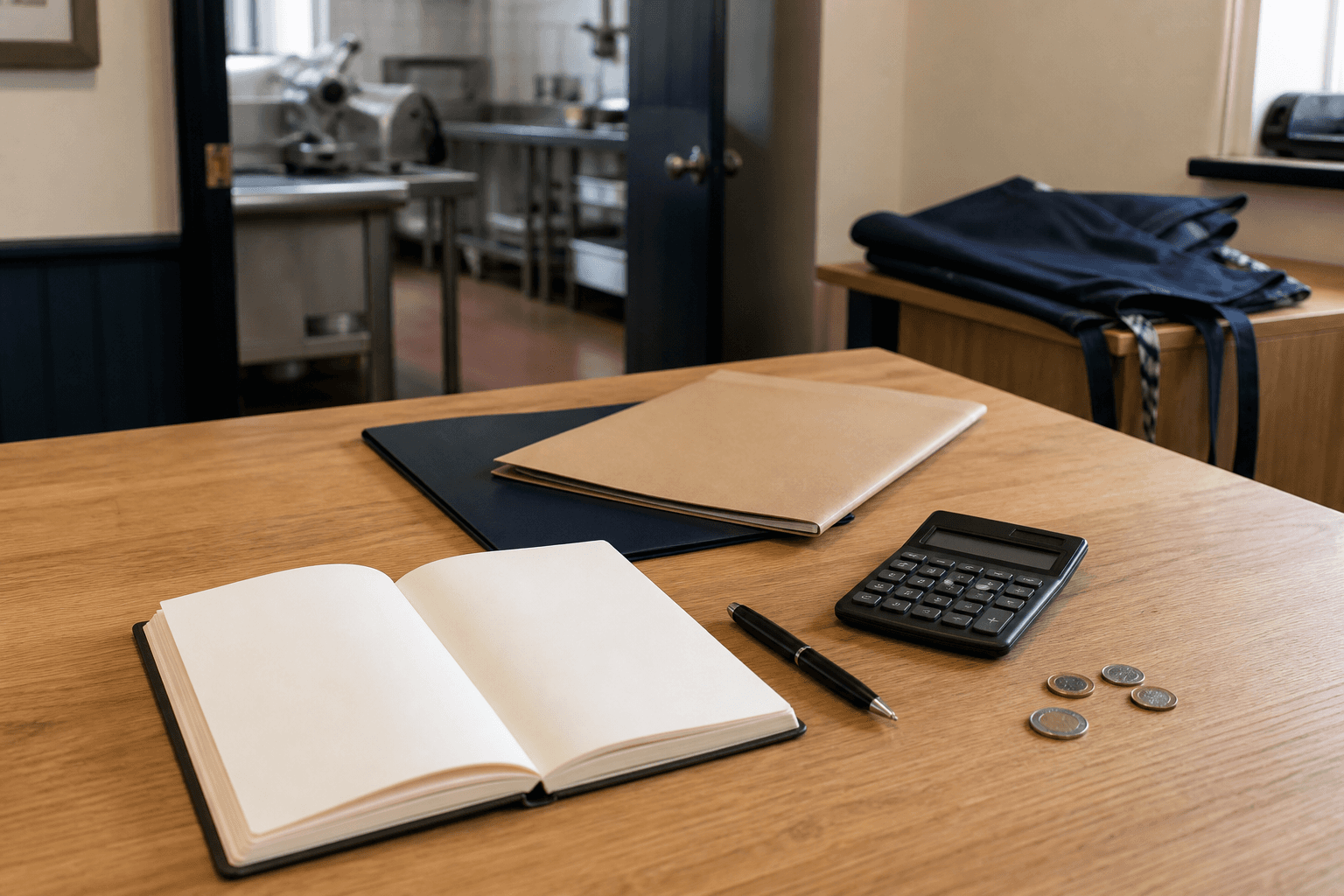 Notizbuch, Unterlagen und Taschenrechner auf einem Schreibtisch neben einem Arbeitsraum