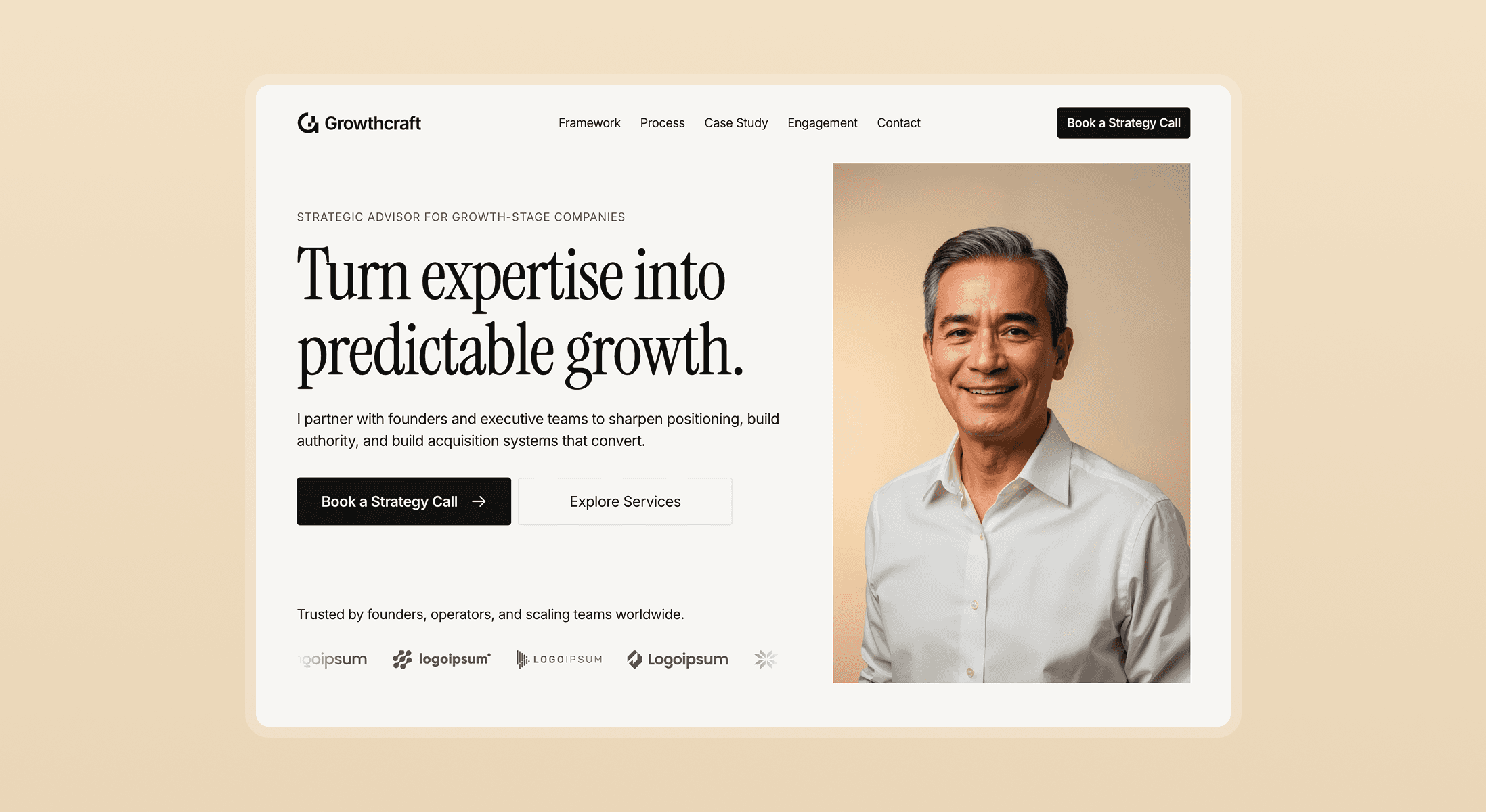 Growthcraft free Framer template for consultants and advisors showing a professional strategy website with a hero section and client logo bar