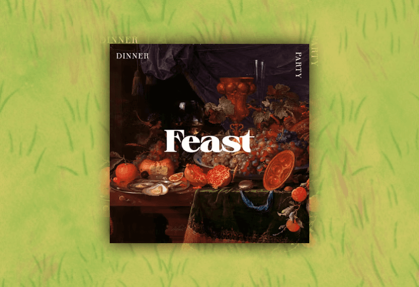 Dramatic still-life of a candlelit Thanksgiving meal with text “Feast.”-shaped Super Bowl party invitation