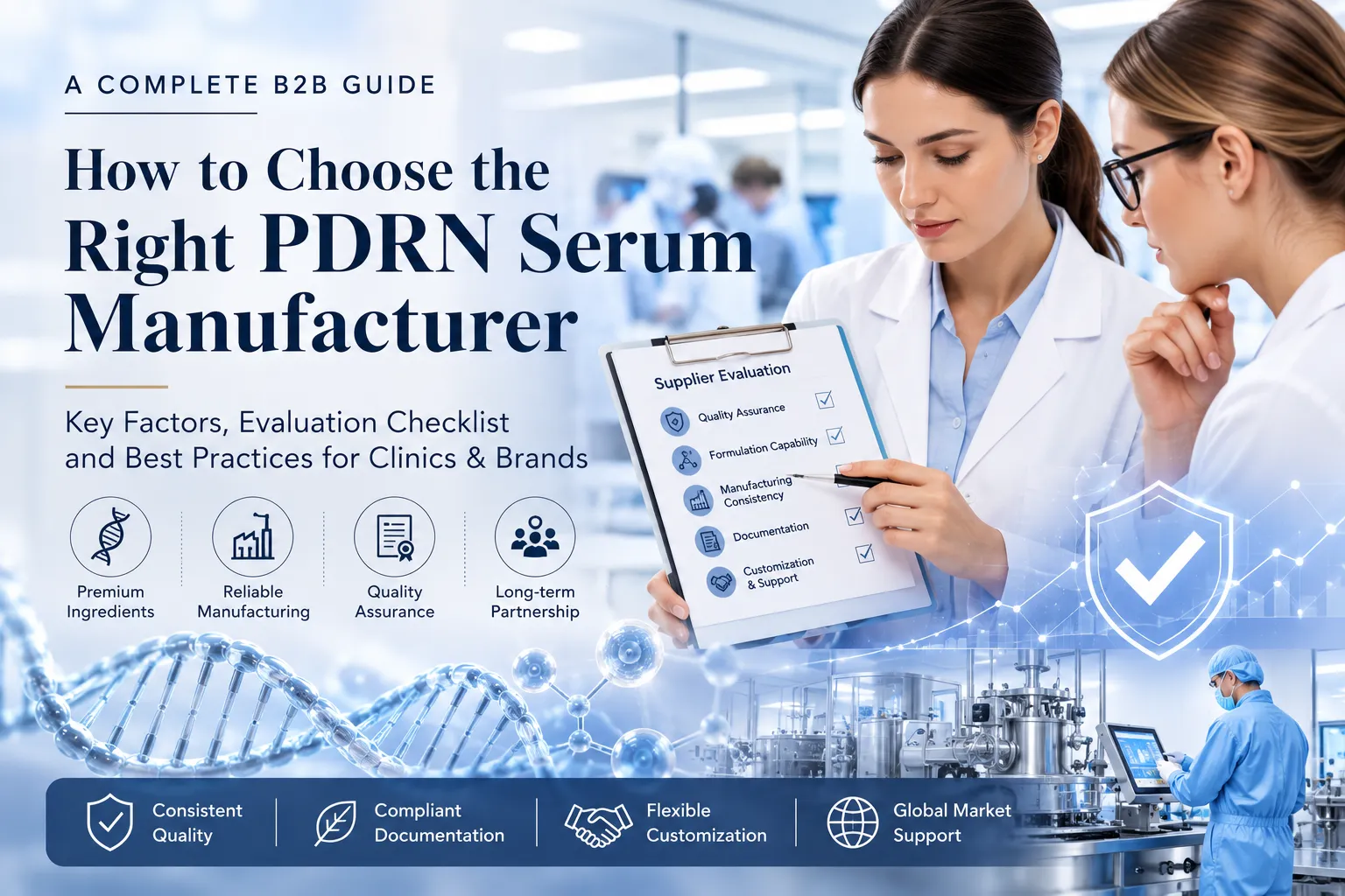Aesthetic skincare professionals evaluating a PDRN serum manufacturer through formulation, quality control, documentation, customization, and manufacturing considerations.