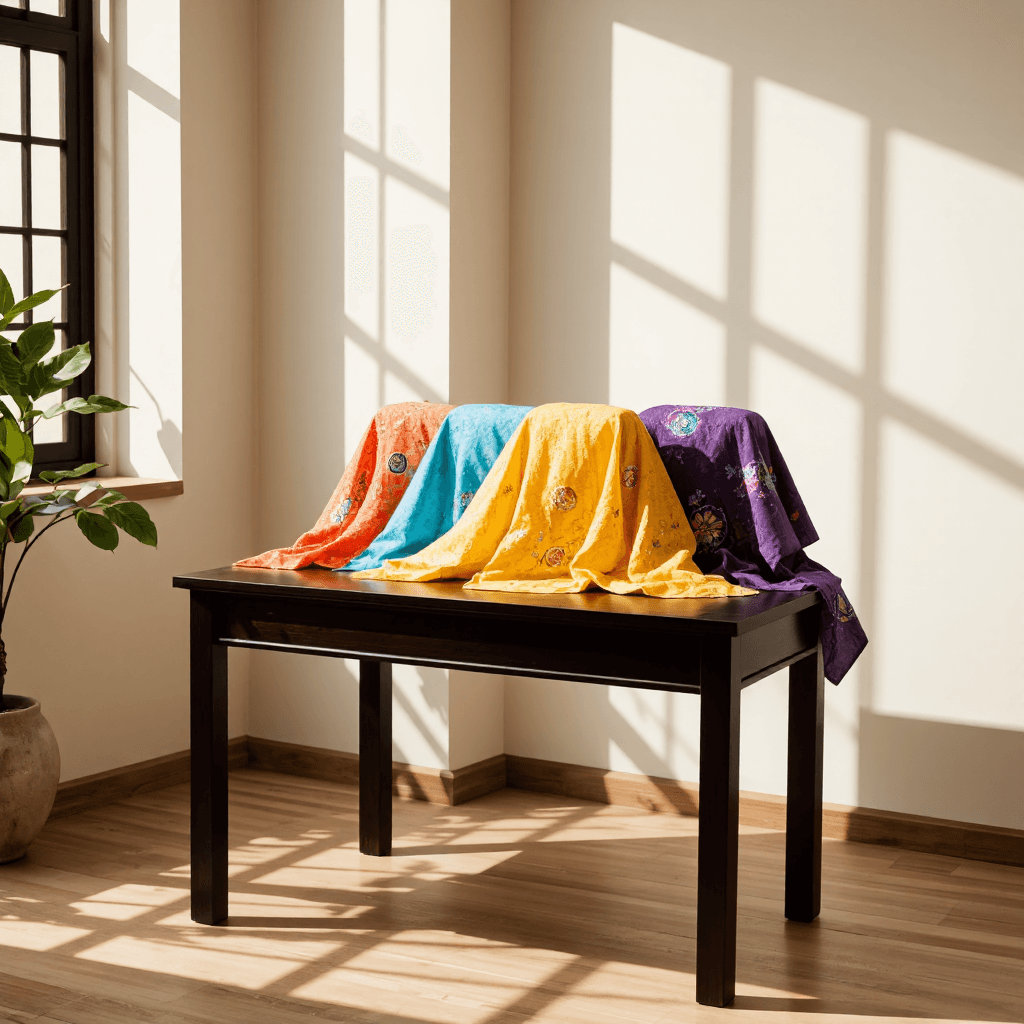 product photography of set of colorful patterned cloths