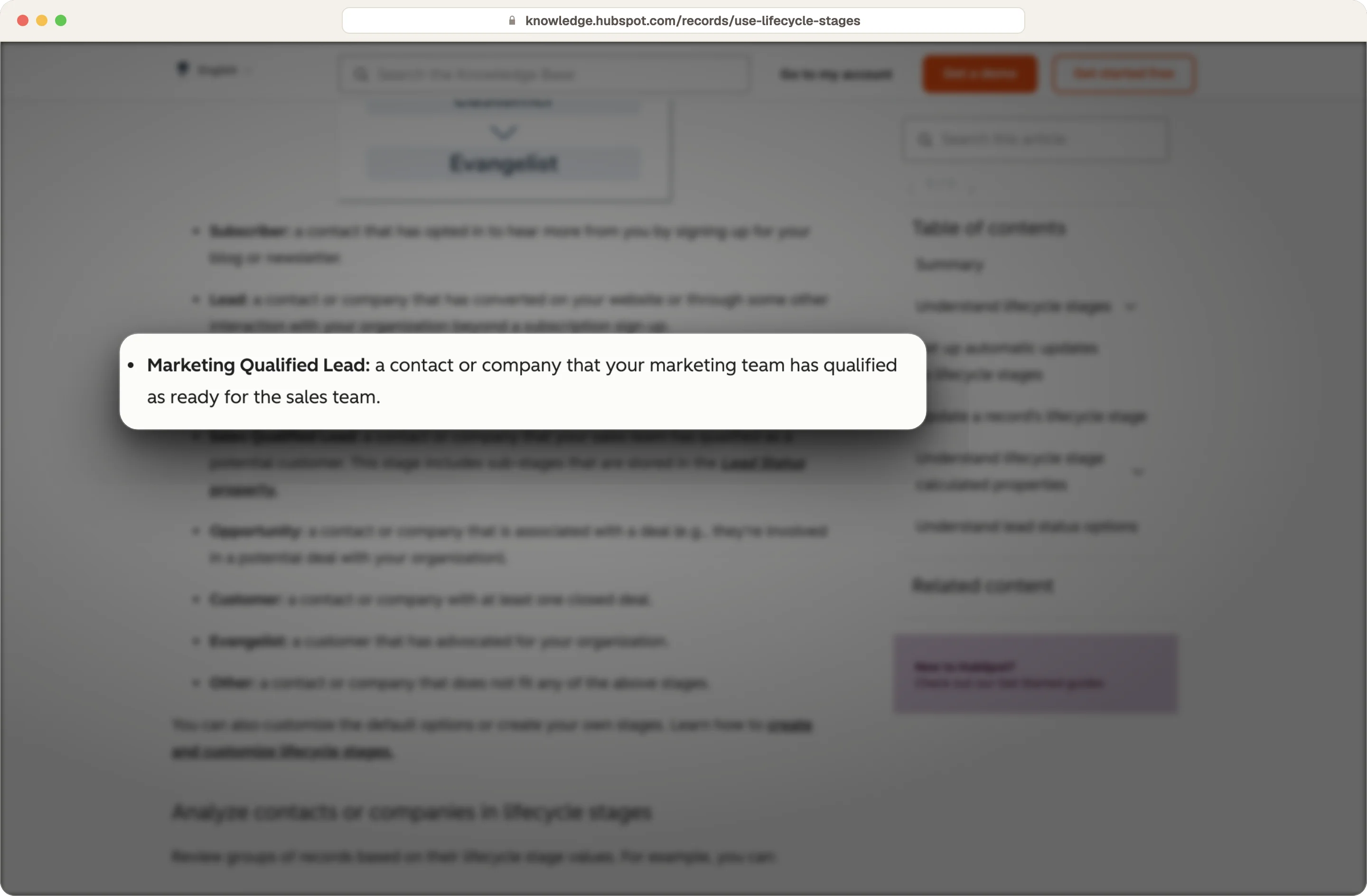 HubSpot knowledge base defining the Marketing Qualified Lead lifecycle stage, highlighted on the lifecycle stages page