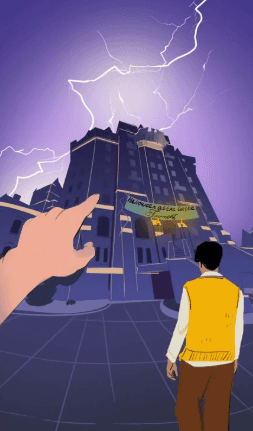 A comic of a man standing infront of a gothic-style building and a hand pointing at it
