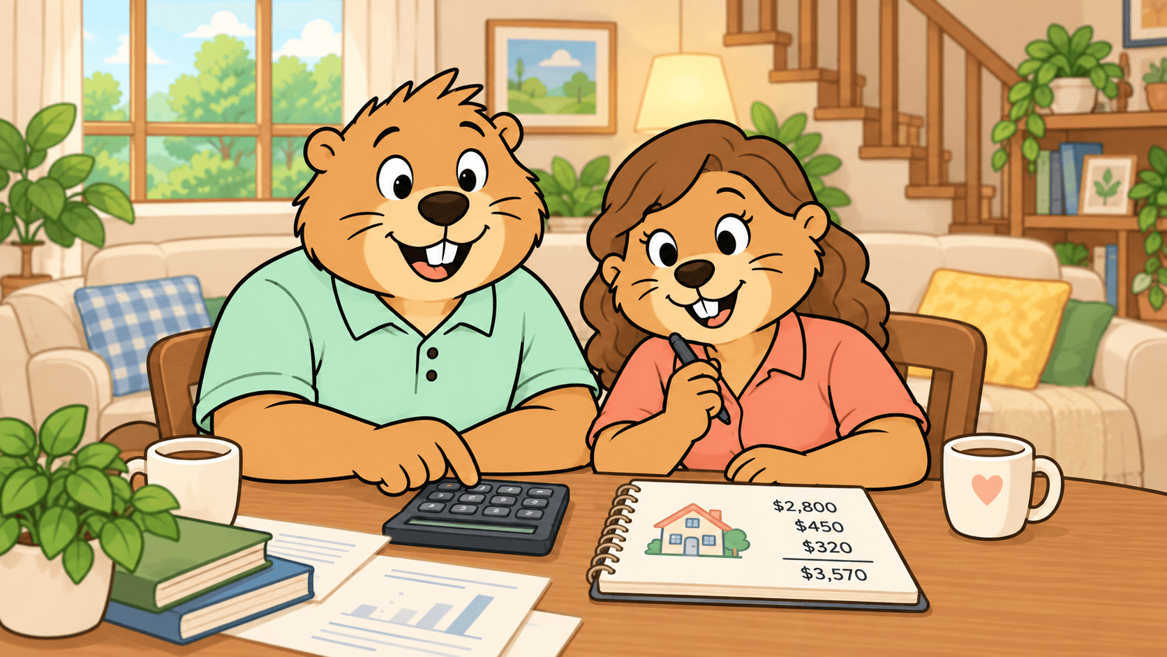Two NITU beavers working out a home budget at the kitchen table