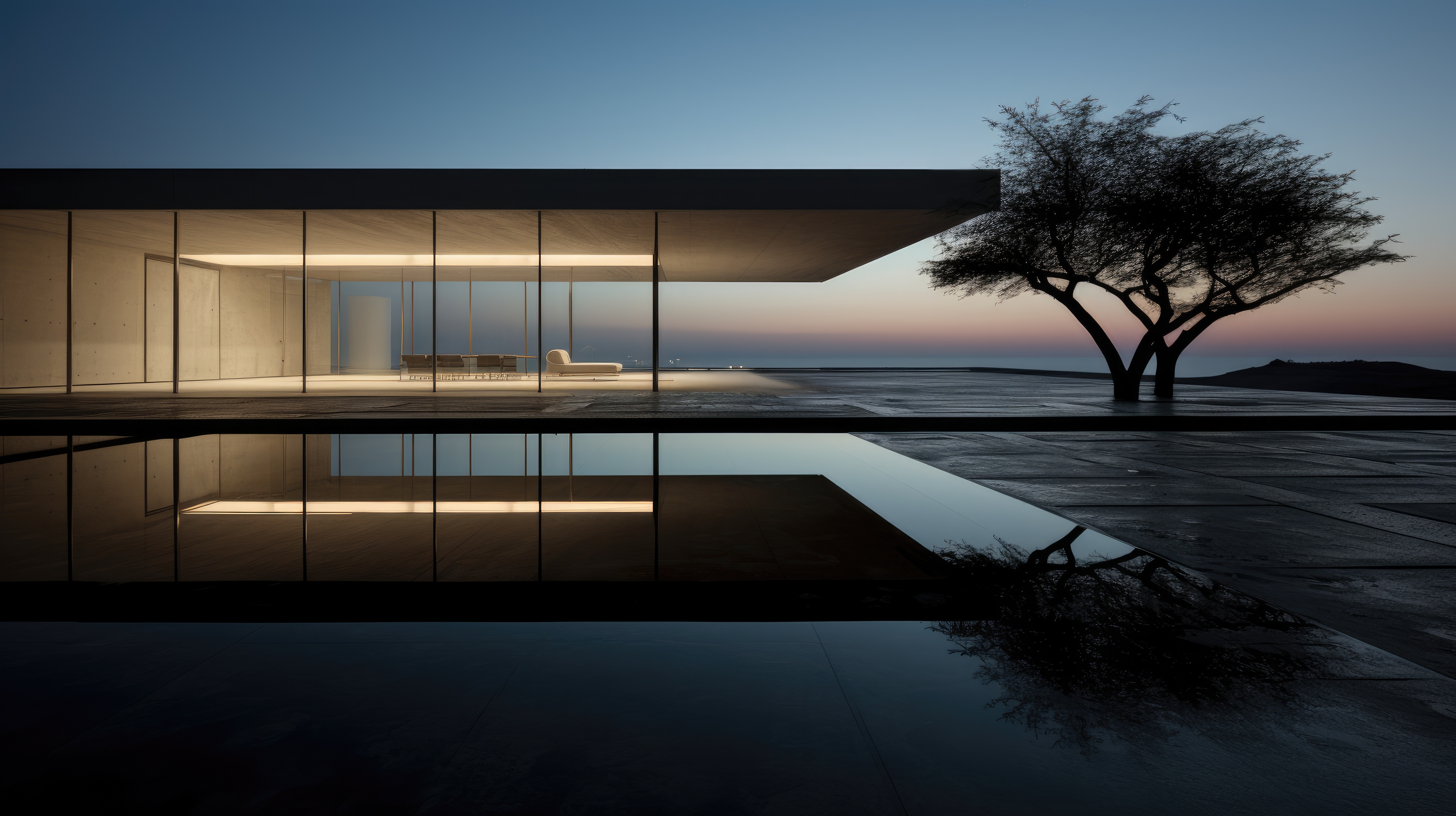 Minimalist, modern architecture by the sea during sunset.