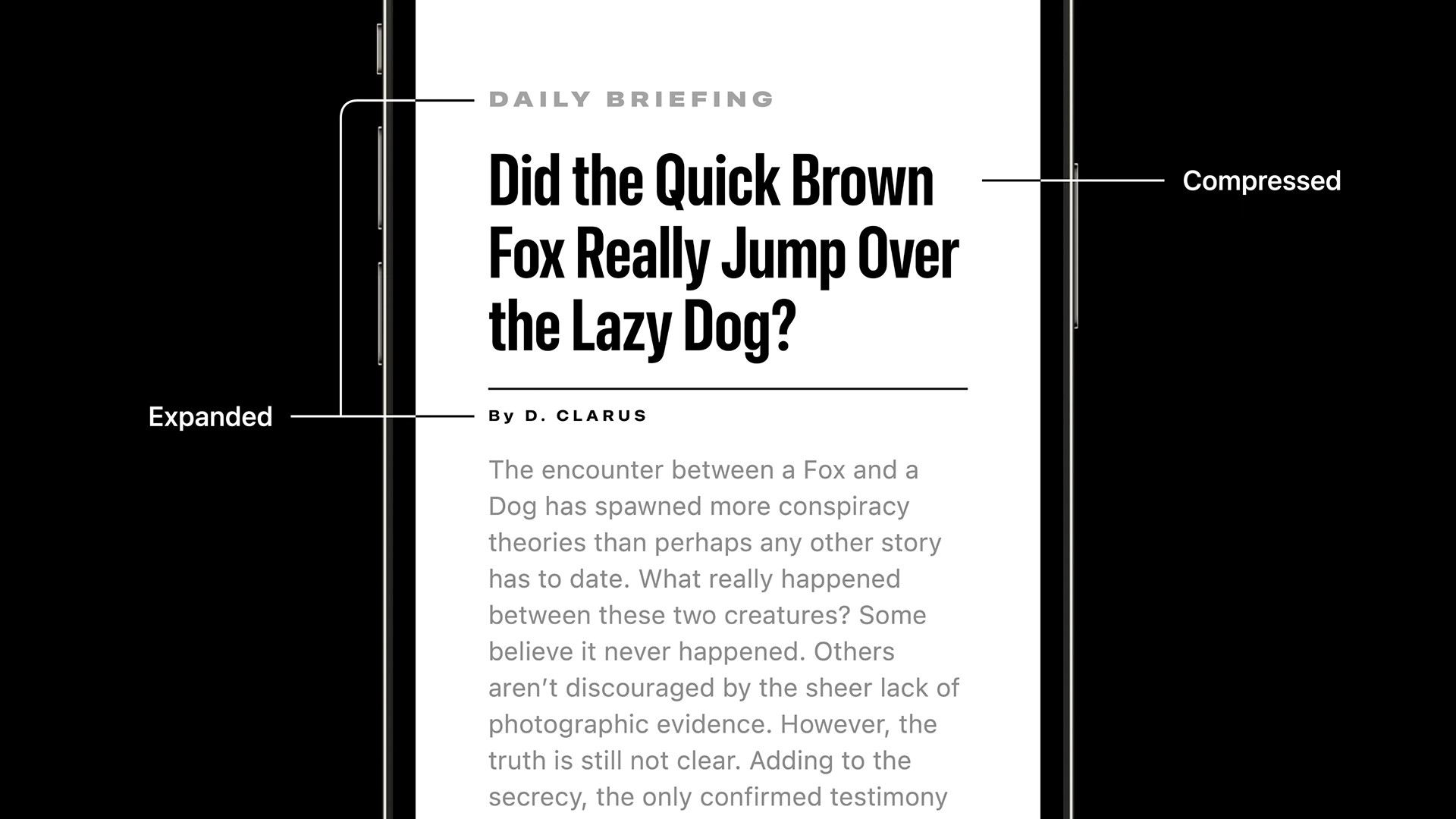 Example from Apple showing a news app with different font designs, weights, widths, and colors to show visual hierarchy