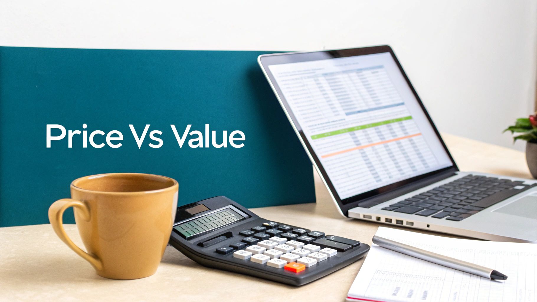 A desk with a laptop displaying a spreadsheet, a calculator, and a mug next to a board saying 'Price Vs Value'.
