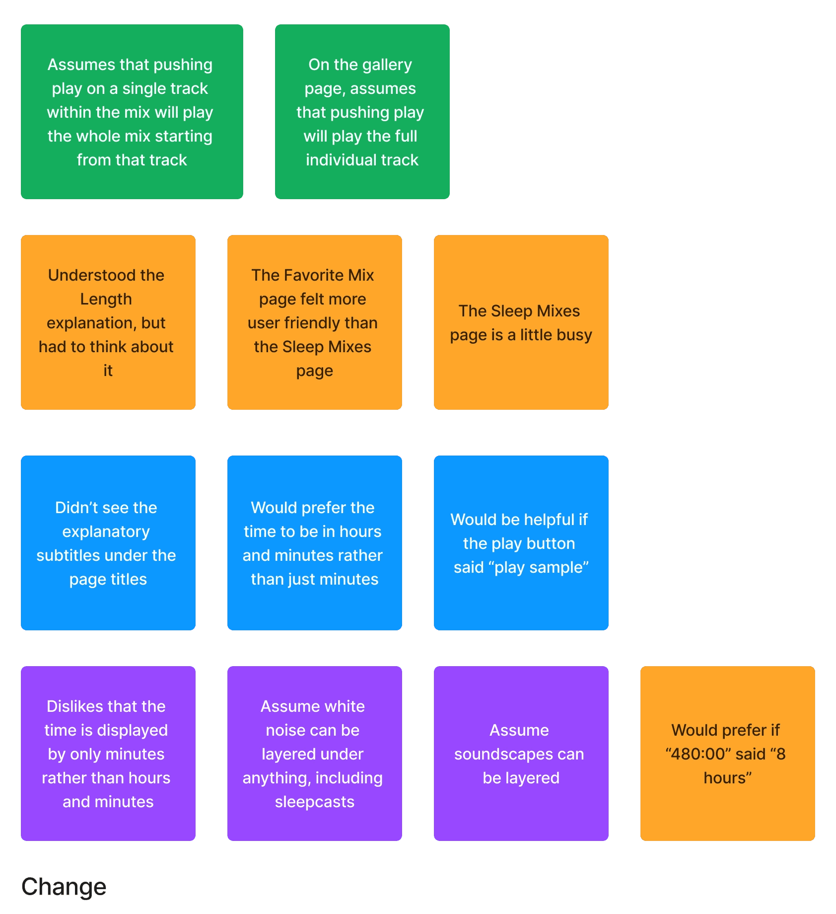 group of post it notes detailing what users thought should change in testing