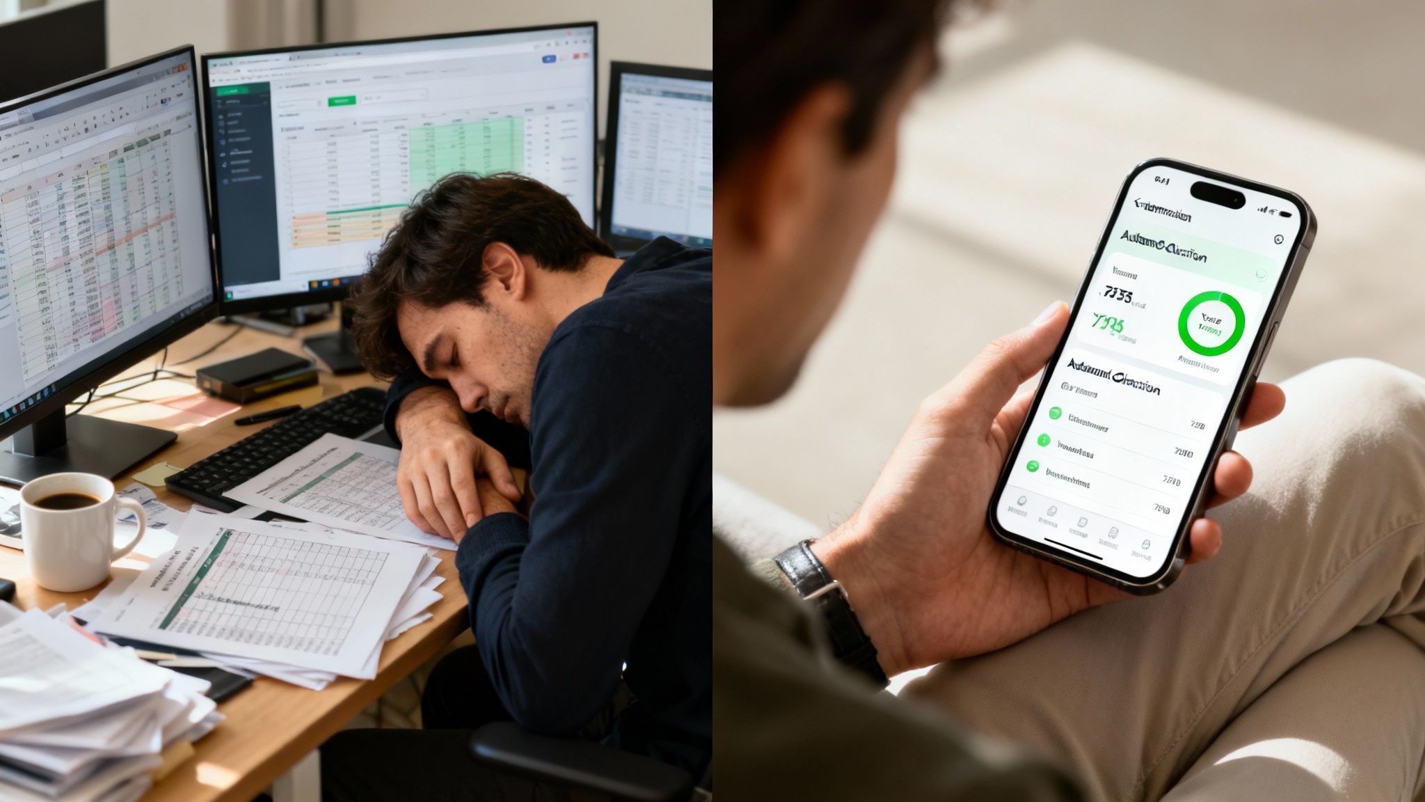 Exhausted man sleeping at desk with spreadsheets contrasts with relaxed person using a digital asset management app on a smartphone.