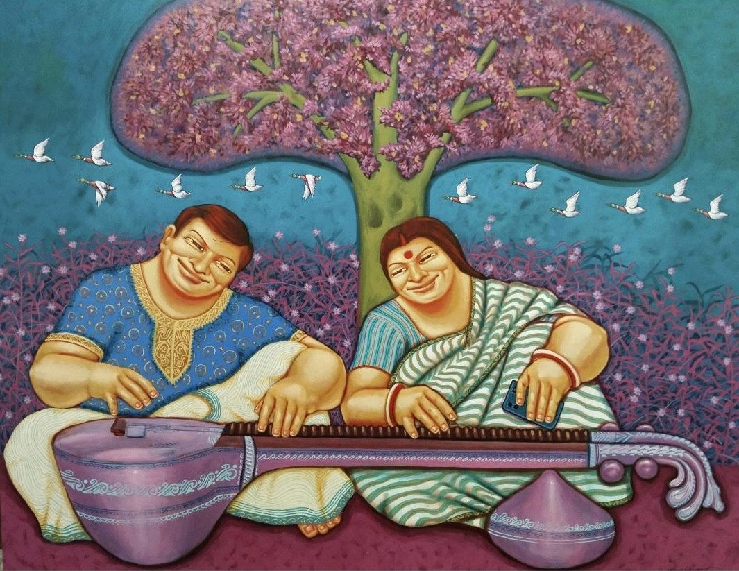 herd of sheep on road painting