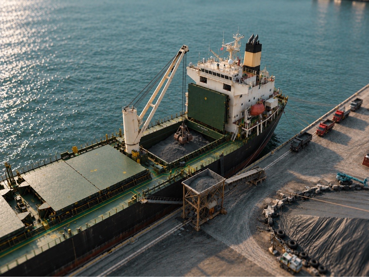 Bulk carrier loading cargo alongside a berth