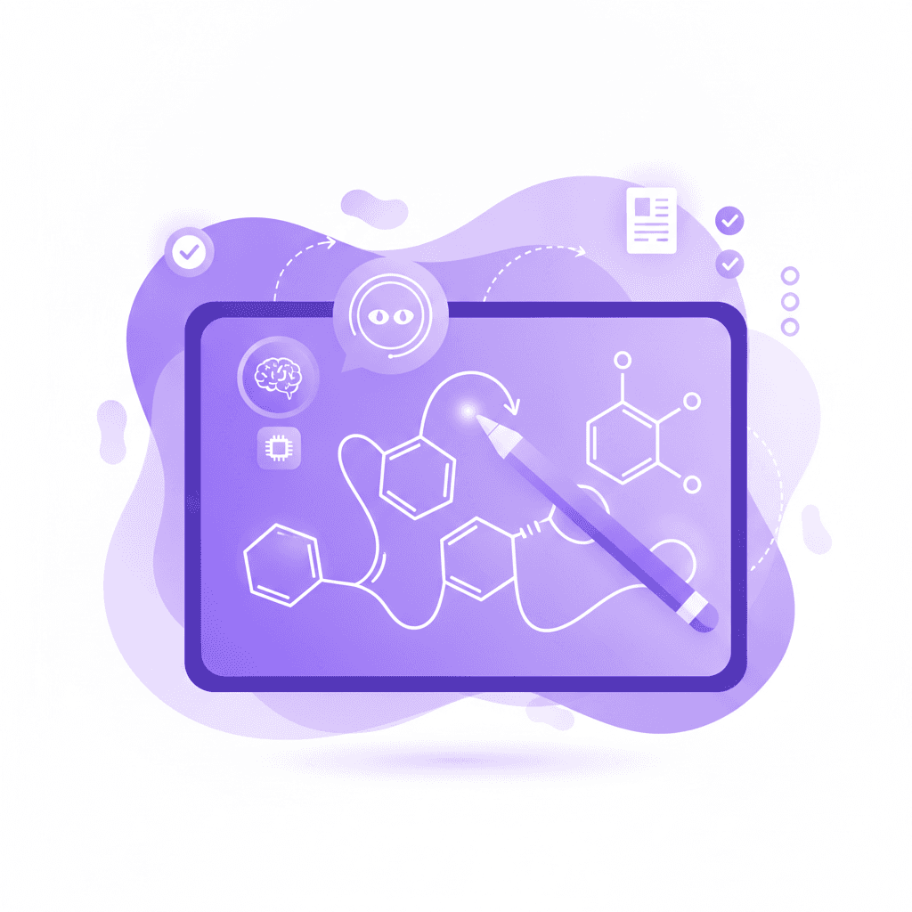 Close-up of an Apple Pencil writing an organic chemistry equation on an iPad. A small UI widget in the corner shows the AI tutor in a "Listening/Watching" state.