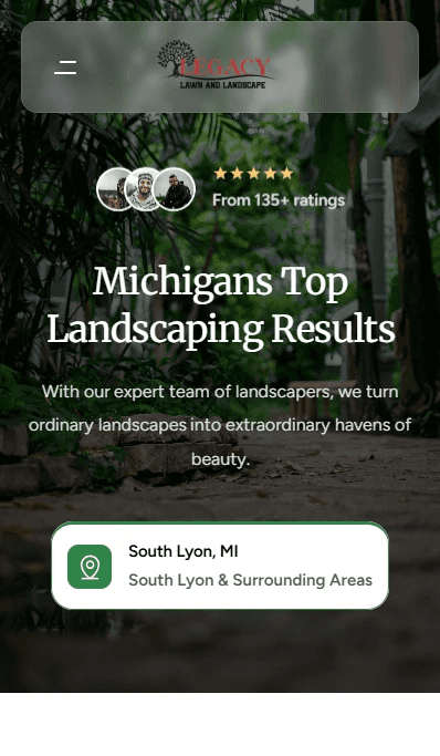 Mobile homepage mockup of Legacy Lawn & Landscape website showing responsive design and landscaping services on smartphone