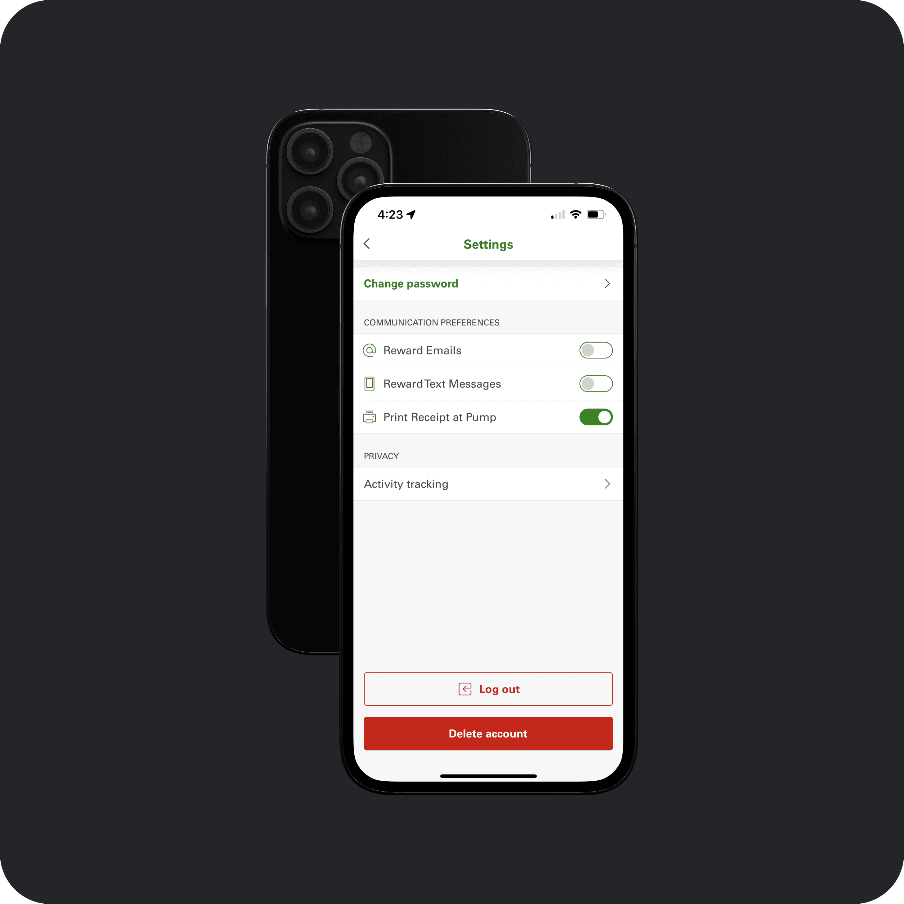 Settings with new card