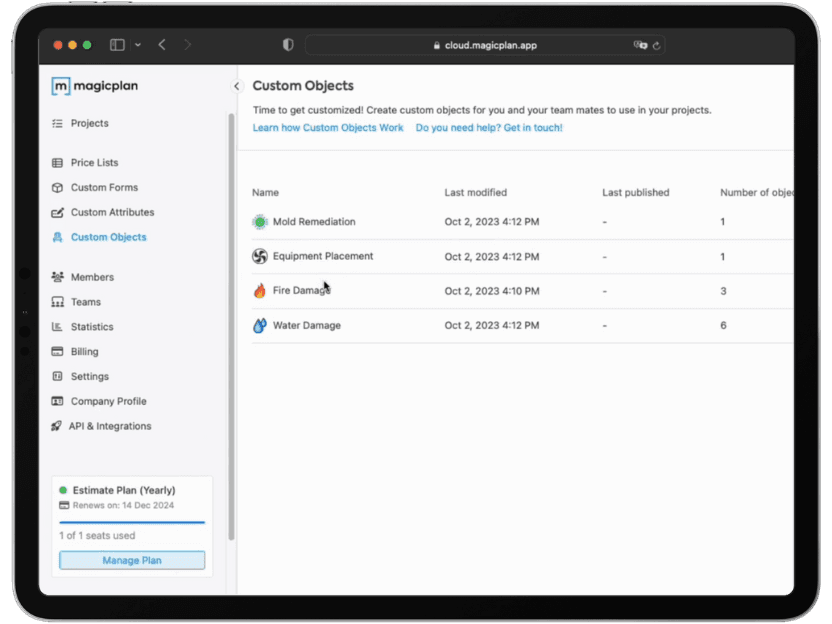 magic plan custom objects interface for managing water damage, mold remediation, and fire damage markers