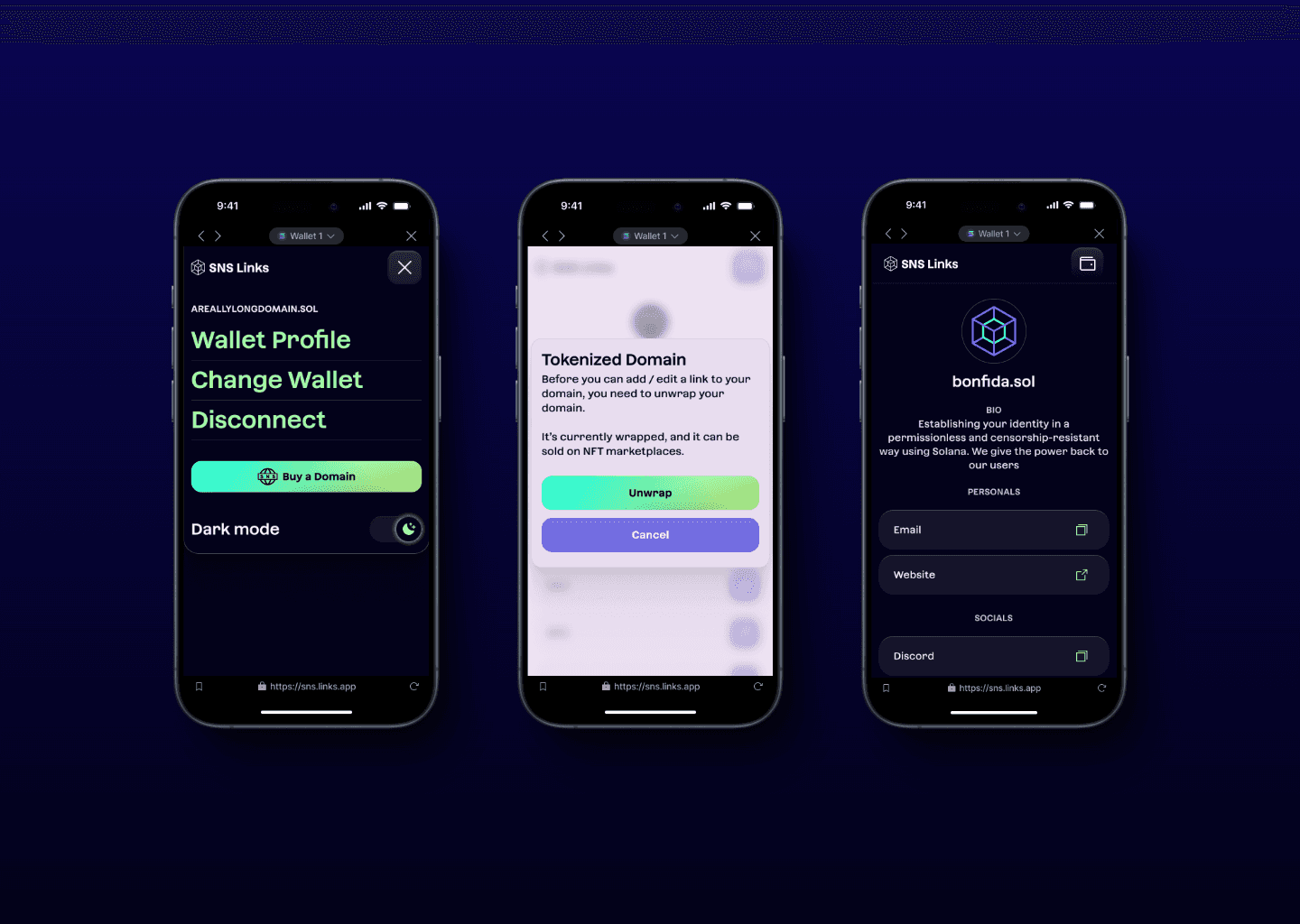 SNS links mobile screens. From left to right: hamburger menu contents, tokenized domain, user profile