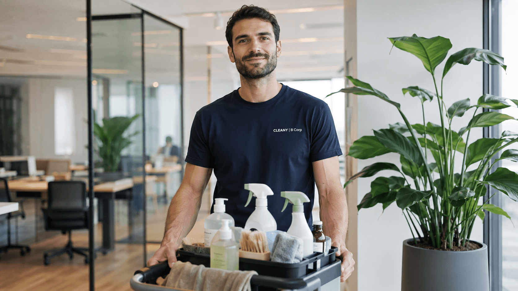 un agent Cleany tenant des produits d'entretien écolabellisés près d'une plante verte, lumière naturelle, ambiance durable et sobre