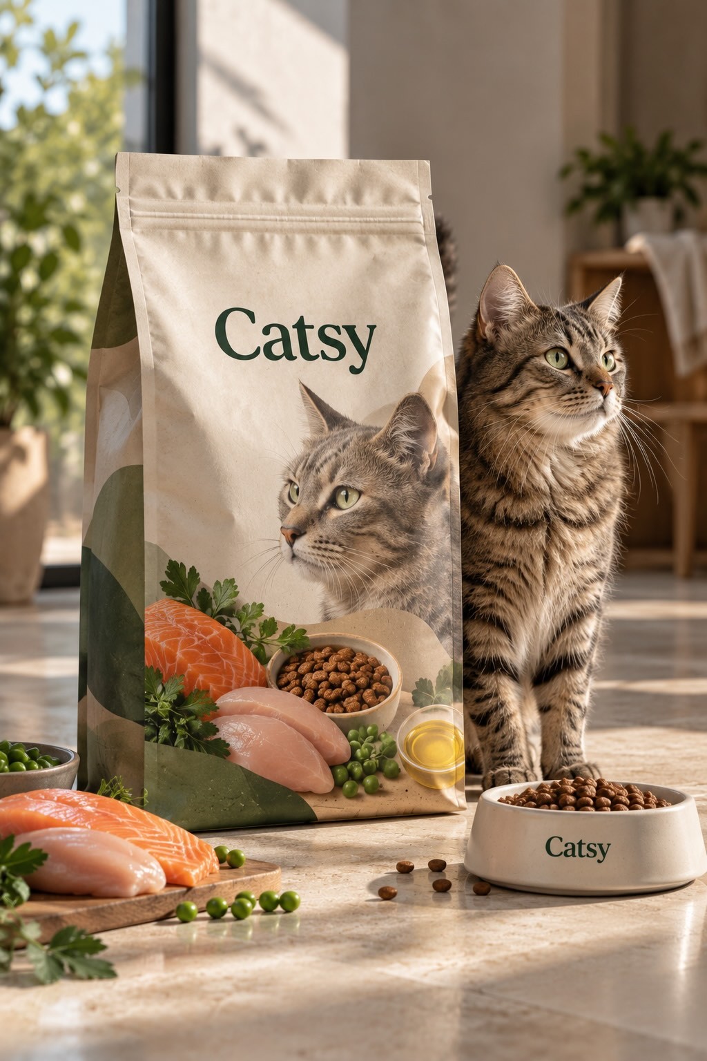 Catsy kibble bag beside a tabby cat and a Catsy bowl, salmon and chicken in the foreground