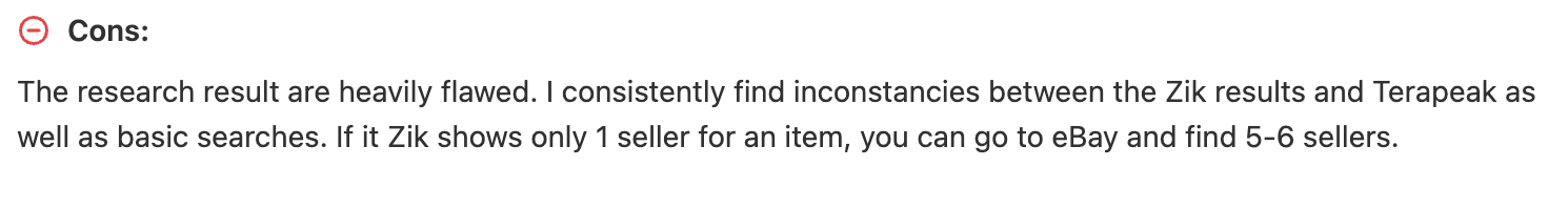 “Cons” section highlighting inaccurate seller data