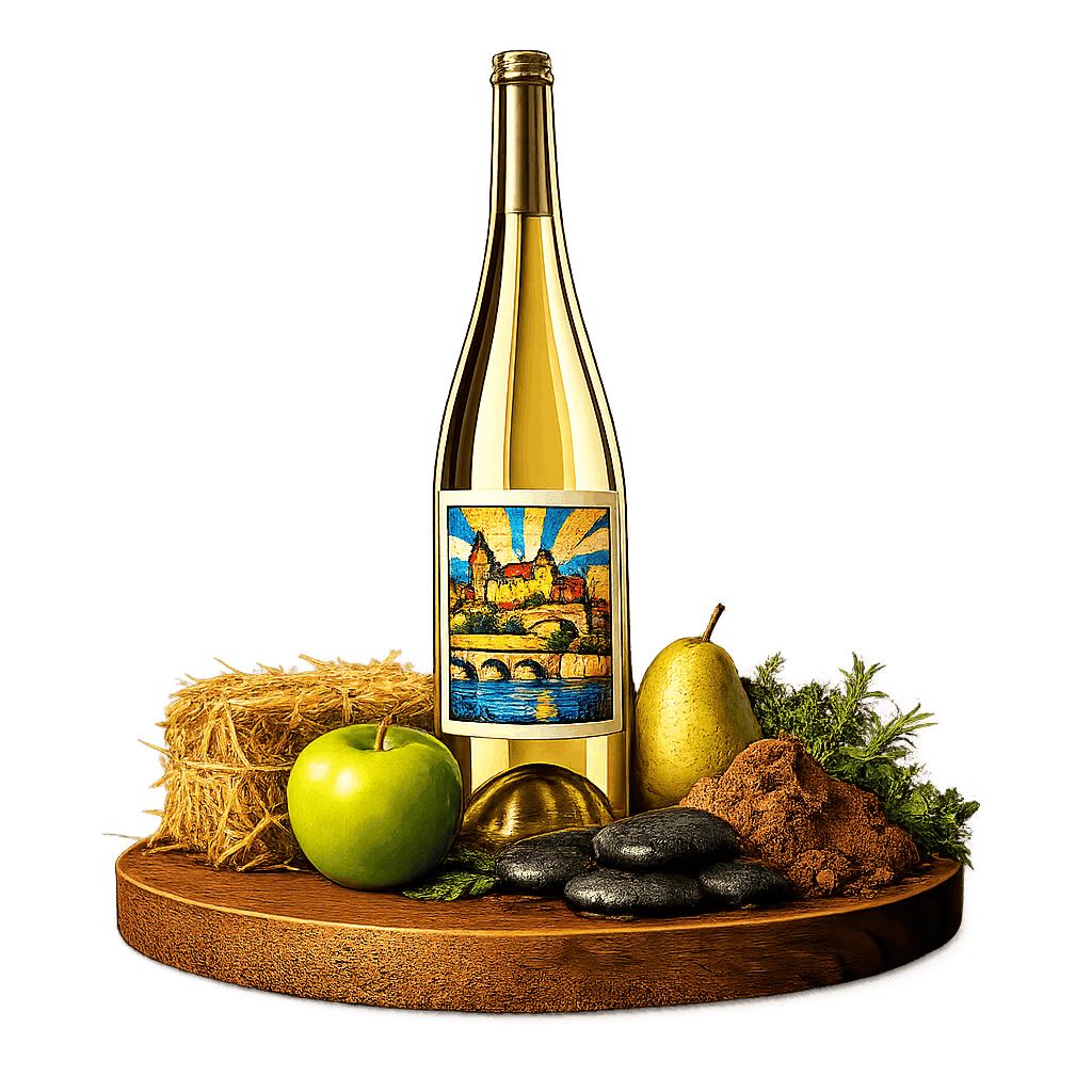 Artistic label and flavor profile for German Franken Silvaner on a rustic wooden table.