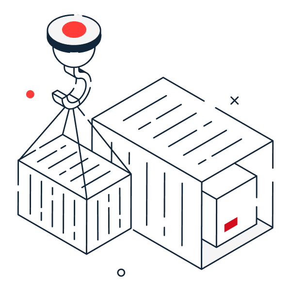 Icon showing quayside mobilisation with containers and lifting equipment