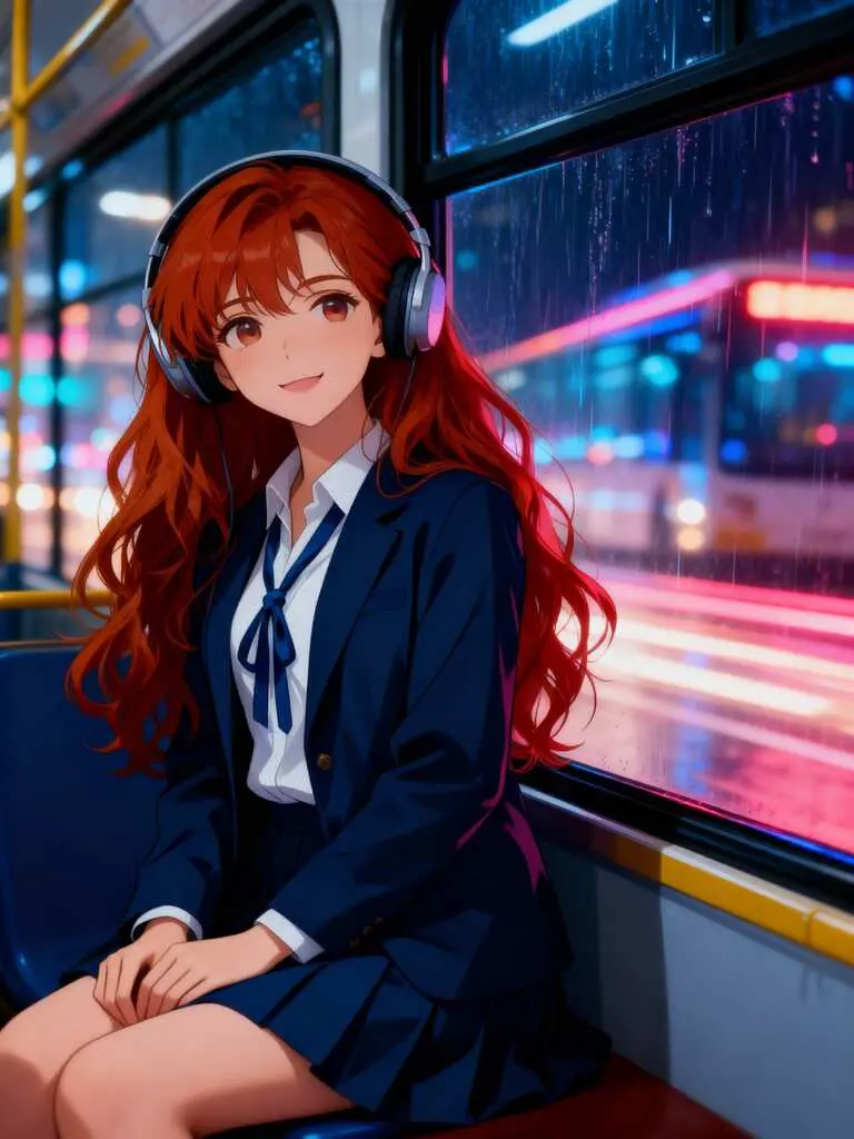 sora2 anime girl on bus listening music night city
