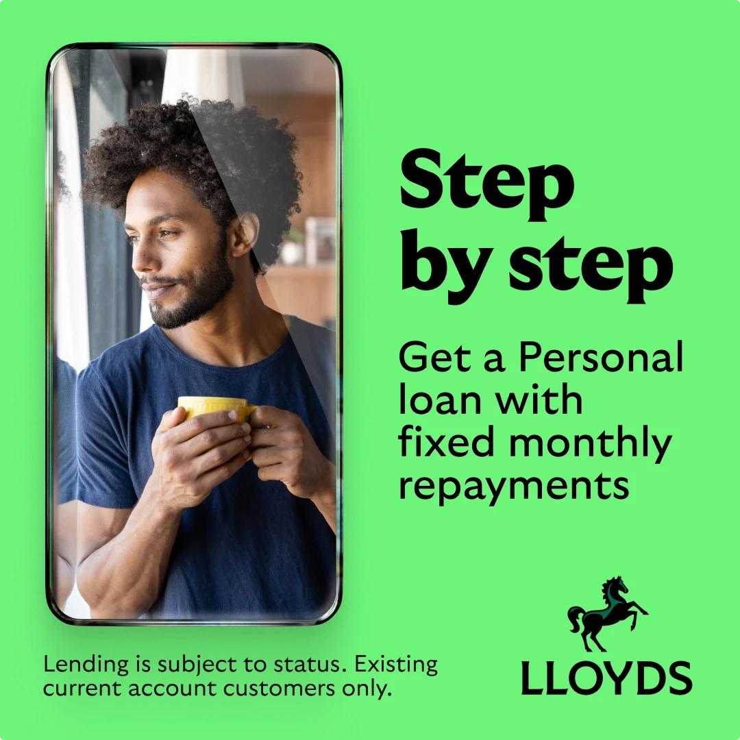 Lloyds Bank personal loan social media ad showing thoughtful man in navy t-shirt holding coffee cup and gazing out window framed within smartphone graphic, 'Step by step' headline promoting fixed monthly repayment personal loans on bright green background with black Lloyds horse logo
