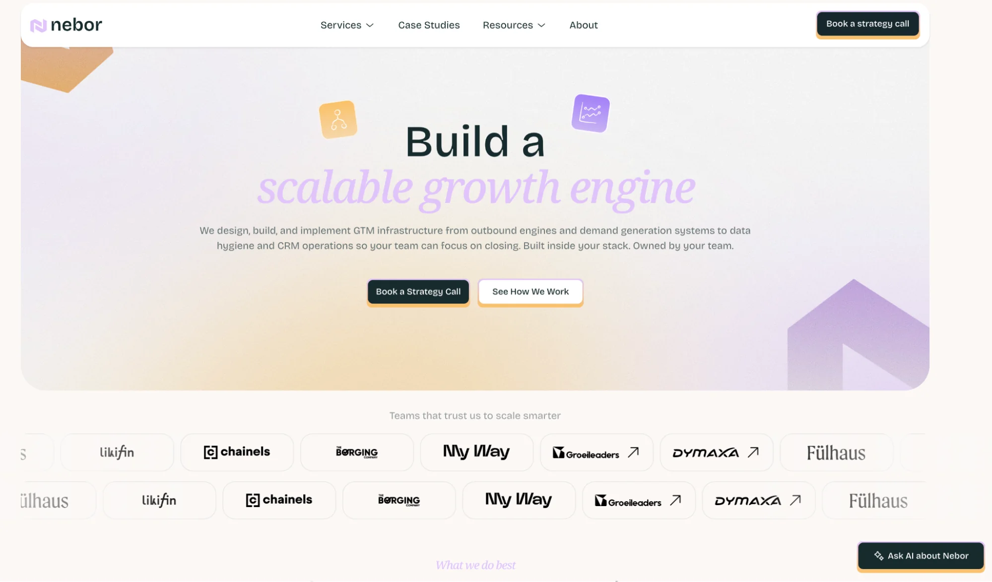 Nebor homepage: GTM infrastructure agency and ColdIQ alternative for outbound and RevOps