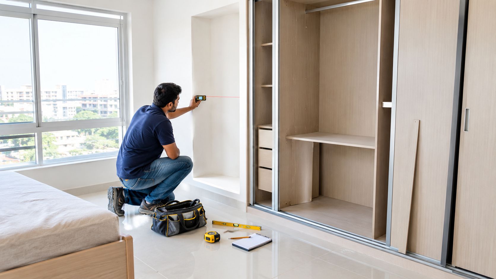 A professional carpenter using a laser level to measure inside a room for custom built wardrobes installation.