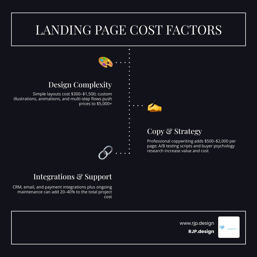 Landing page design price breakdown infographic with cost tiers and what's included at each level infographic