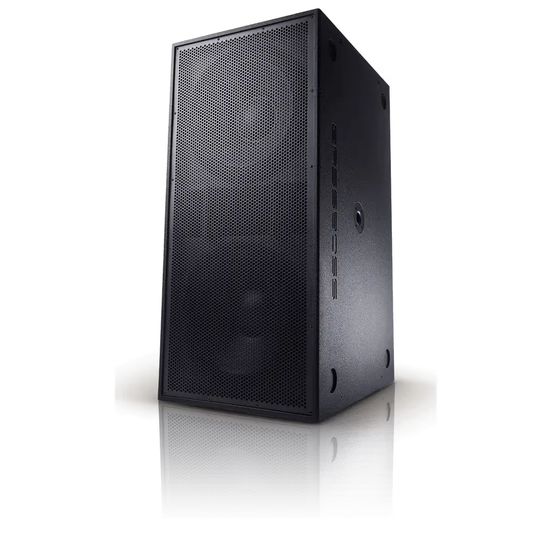Black subwoofer speaker cabinet with perforated grille