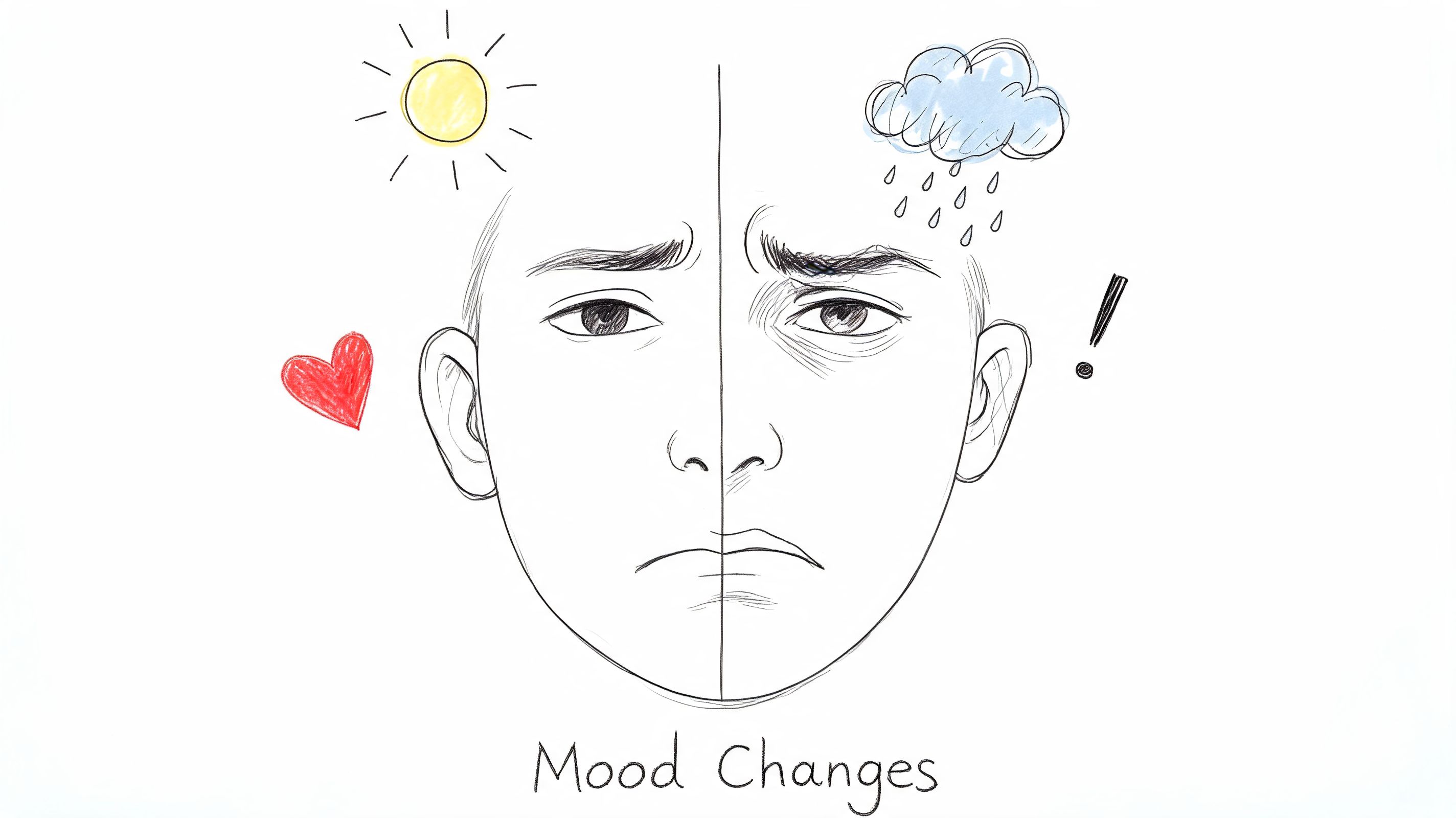 A split-face drawing representing mood changes, showing a sunny, happy side and a stormy, upset side.