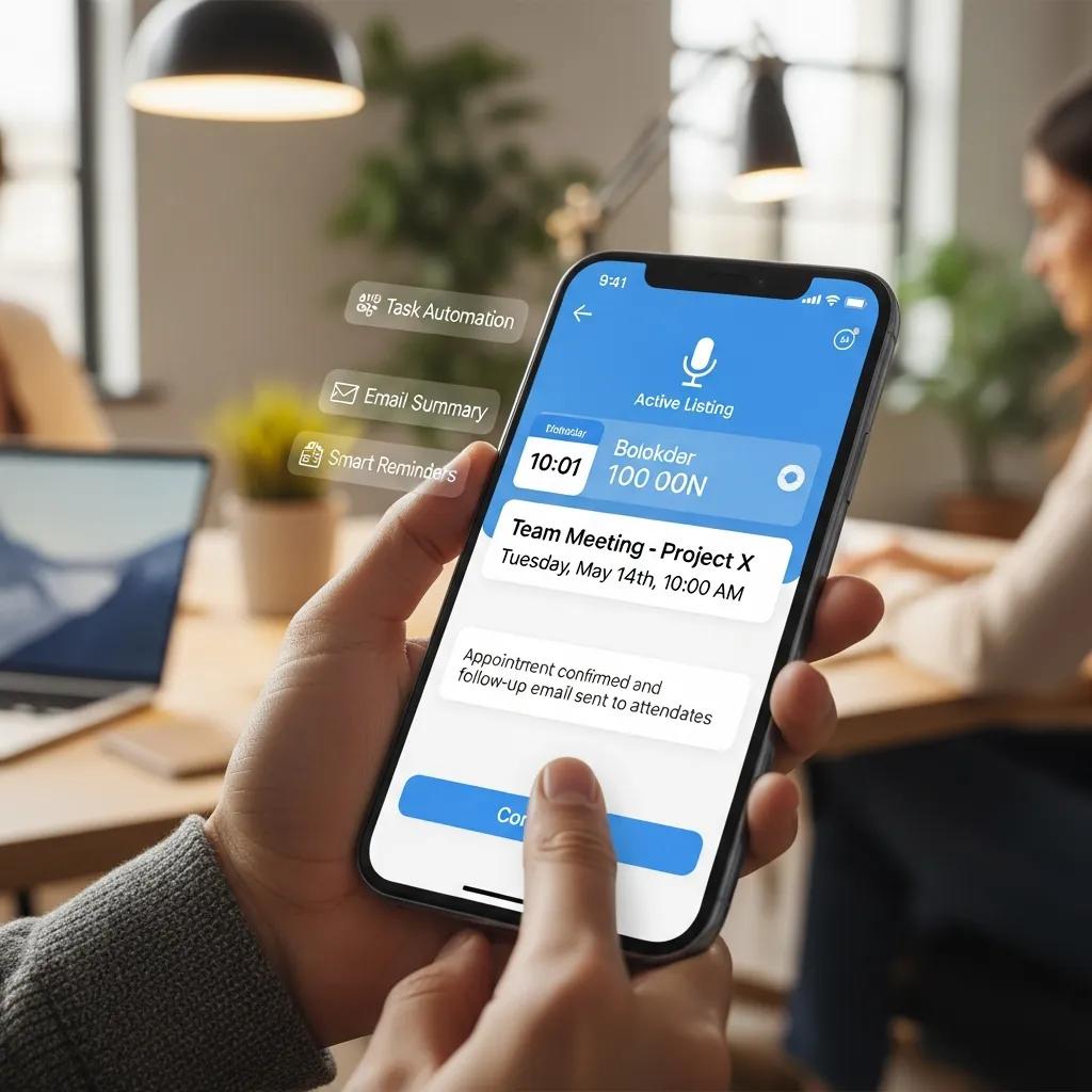 Close-up of a person using an AI voice assistant on a smartphone in an office