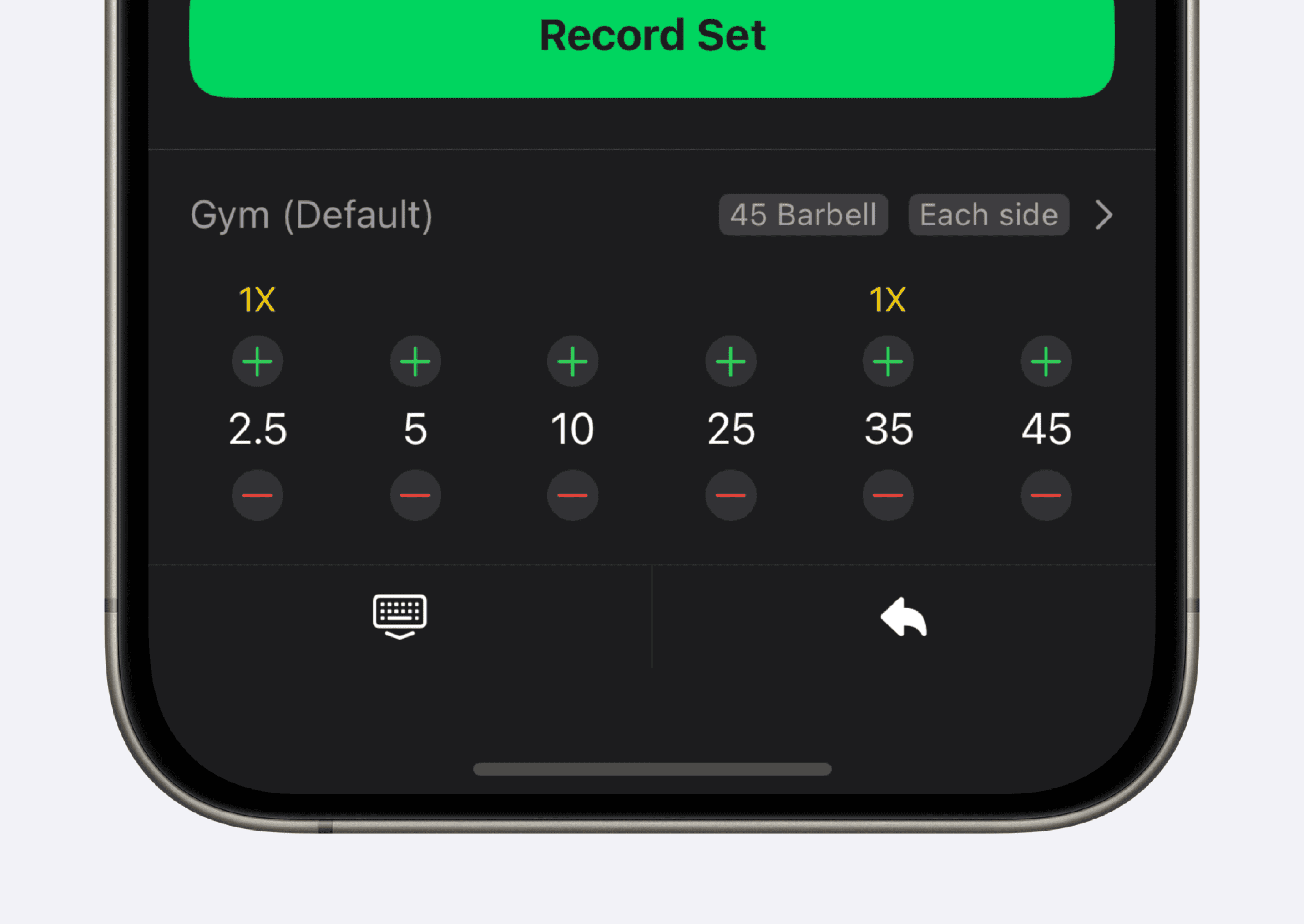 A screenshot of the Setgraph app displaying the weight plate selection interface. The screen includes a green 'Record Set' button at the top, followed by a section to select weight plates. It shows options for different weight plates: 2.5 lb, 5 lb, 10 lb, 25 lb, 35 lb, and 45 lb, each with plus and minus buttons to adjust the quantity. The label 'Gym (Default)' is displayed, along with settings for the type of barbell ('45 Barbell') and indicating weights 'Each side.' The interface uses a dark theme with green highlights for key actions.