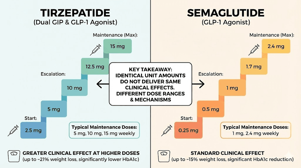 Tirzepatide vs semaglutide dose comparison showing different clinical dose ranges